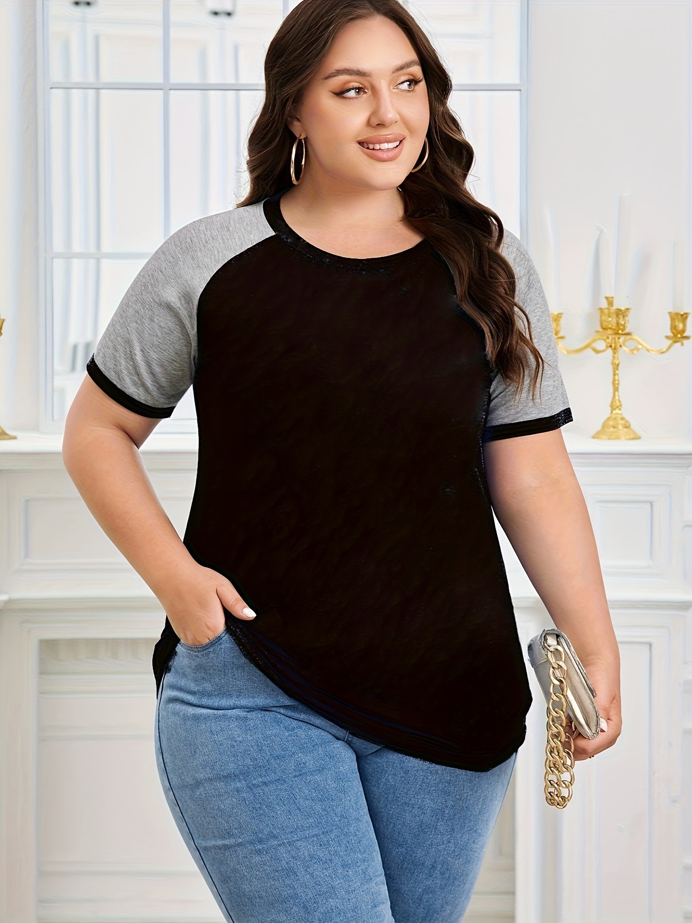 Plus Size Women's Summer Casual Raglan Color Block T-Shirt - Teal & Heather Grey Short Sleeve Loose Fit Tee, Breathable Round Neck Top for Casual Attire, Ladies T Shirts, Smooth Texture Shirt, Soft Fabric Tee