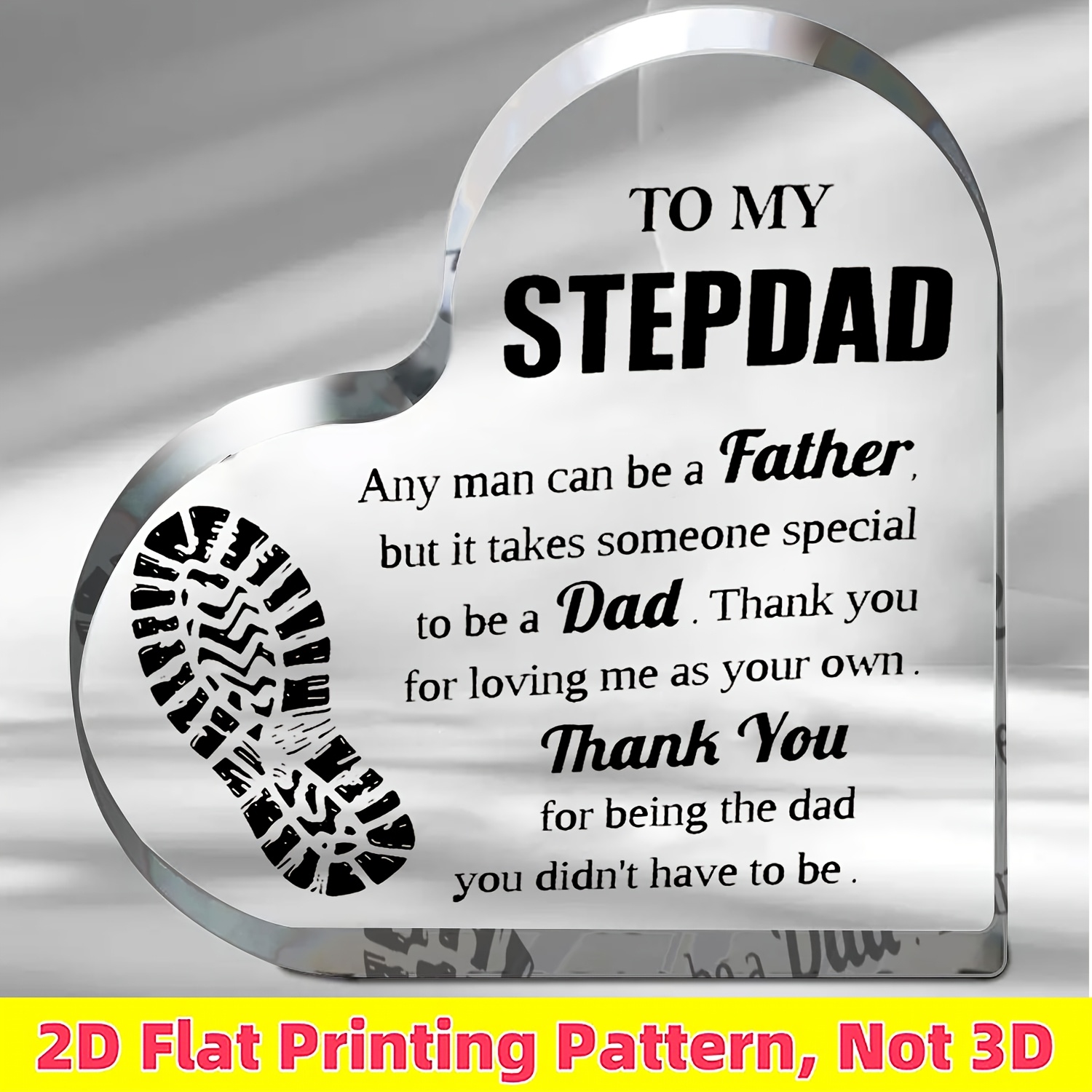 TEMU 2d Flat, Father's Day Gift Acrylic Transparent Printed Desk Sign - Heart-shaped Stepdad Appreciation Plaque With Inspirational Message,
