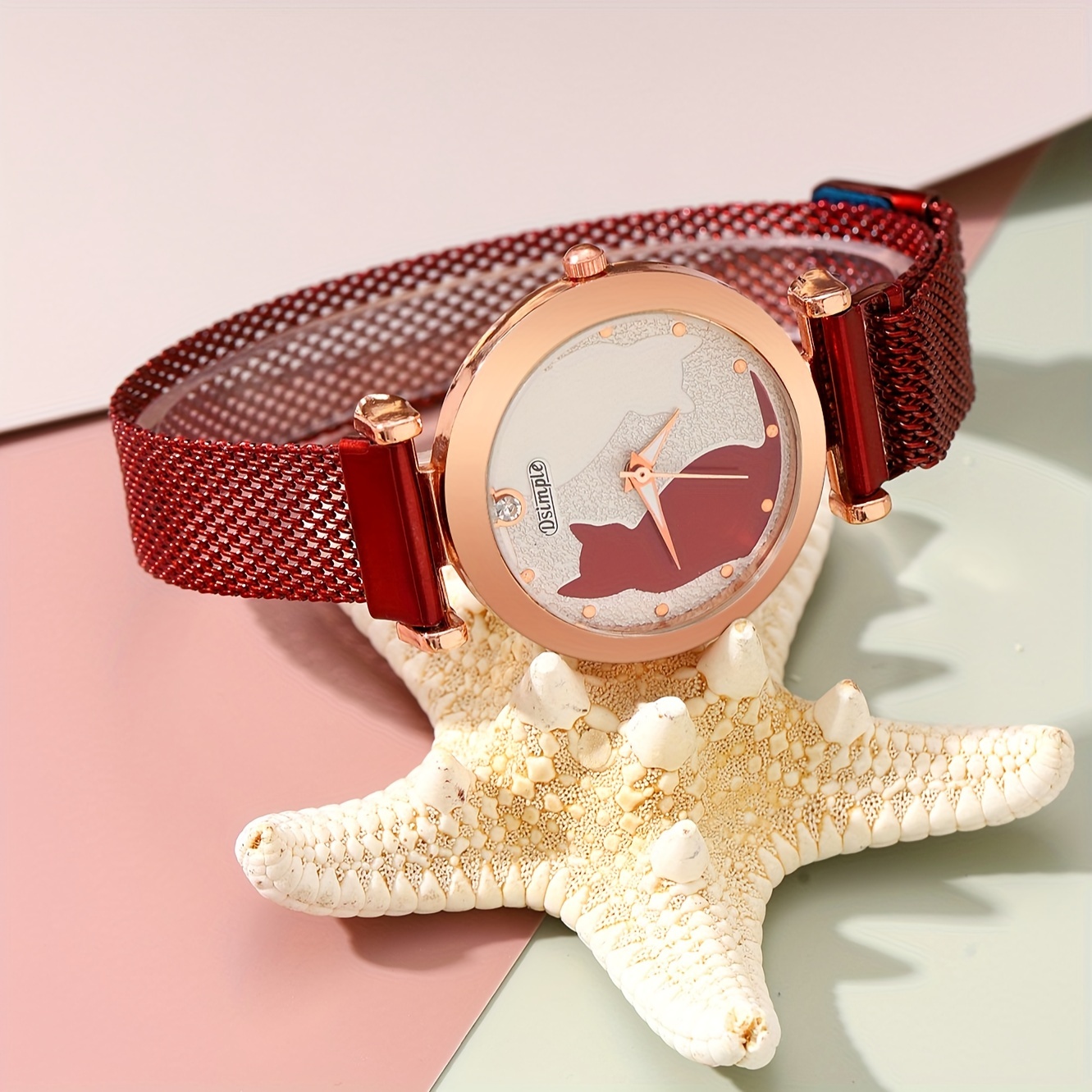 Reloj de Lujo con Pulsera para Mujer - Reloj de Pulsera de Cuarzo Correa  Magnética Rojo