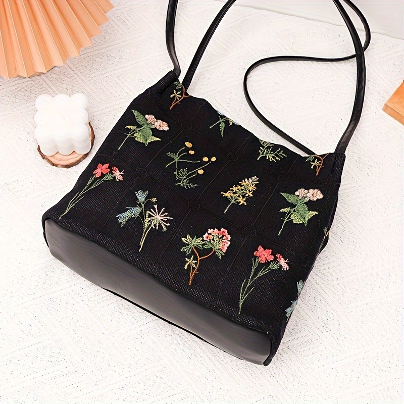 TEMU Shoulder Bag With Embroidery, Fashionable Women's Handbag With Fixed Straps And Magnetic Closure, Casual Bucket Sling Bag With Lining From Guangzhou