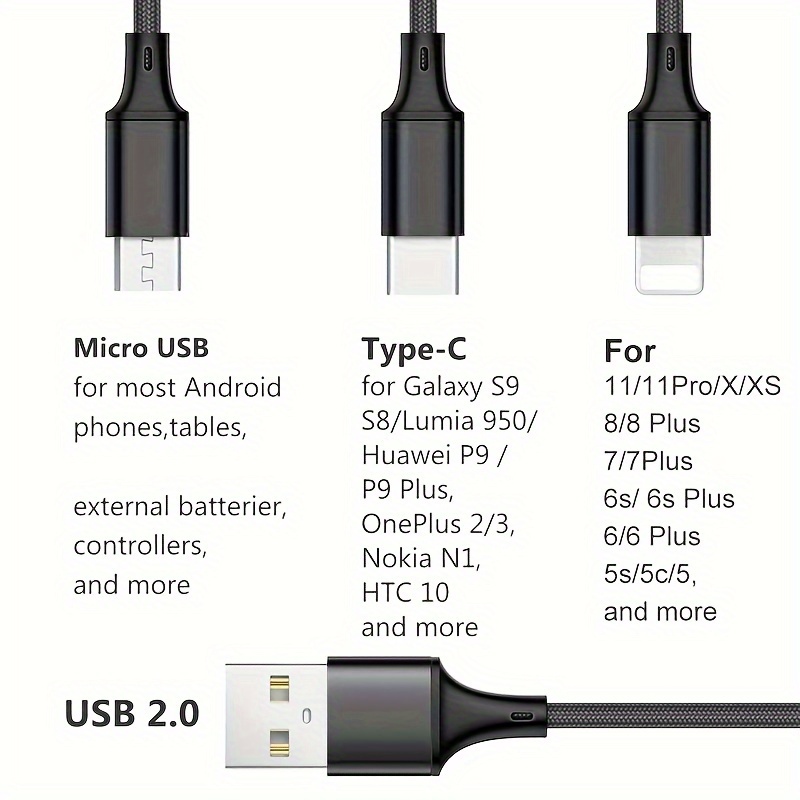 3-in-1 Multi-Functional USB Flash Charging Cable - Compatible with iPhone 14, 13, 12 Pro Max, Xs Max,, Redmi, One Plus, USB-C Mobile Phones with Type-C and Micro USB Connectors