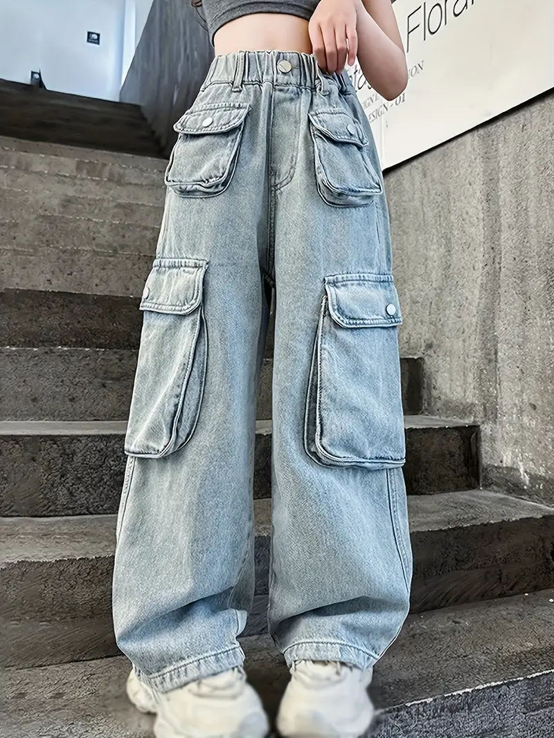Girls Cargo Jeans Streetwear Denim Pants - Elastic High Waist Wide Leg Multiple Pockets Loose Straight Leg Trousers