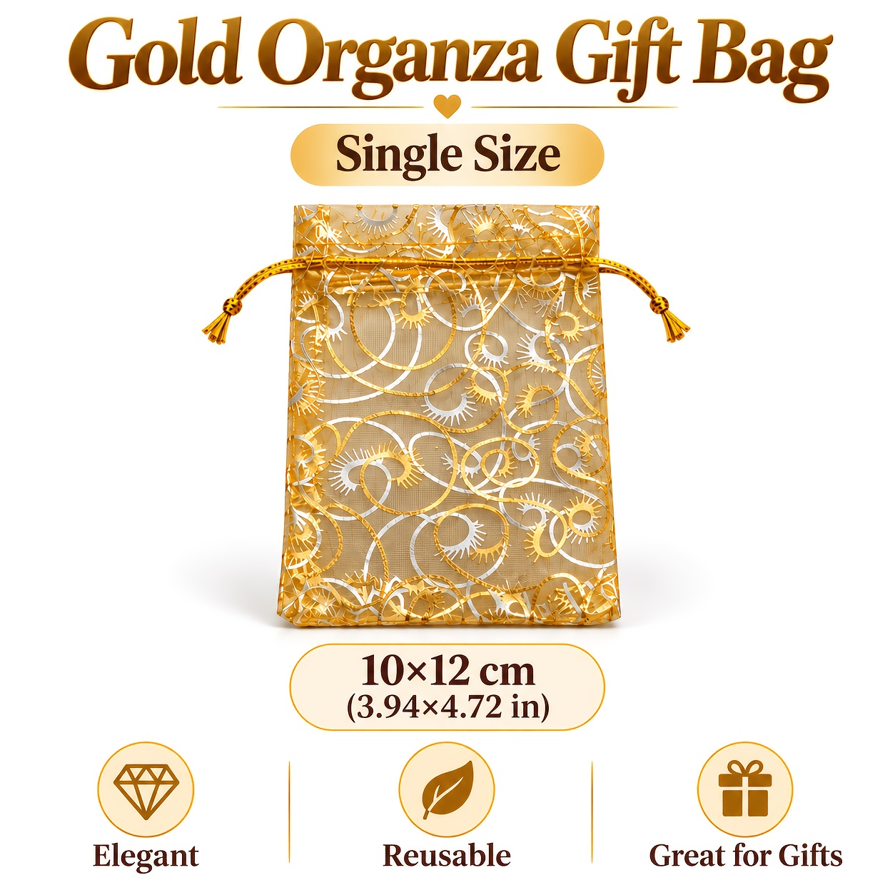 TEMU 100pcs Golden Organza Gift Bags With Drawstring, 10 X 12cm, Sheer Pouches For Jewelry, Candy, Wedding Favors, Birthday Party, Crafts & Small