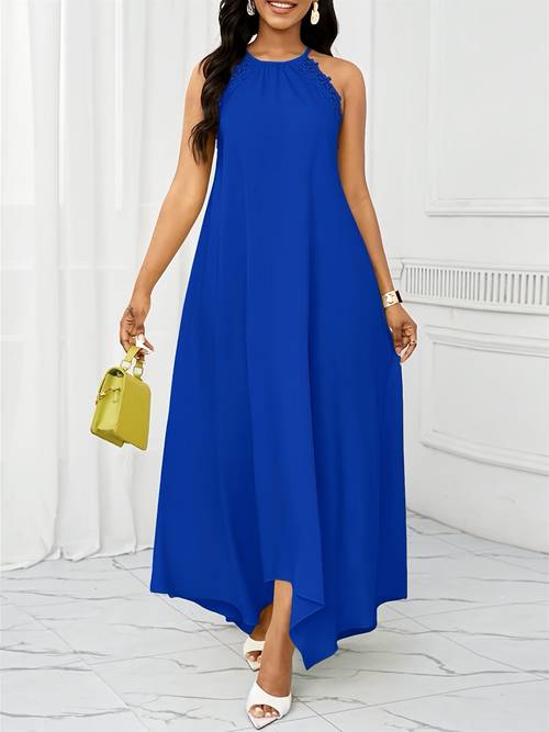yy0102006 solid color western summer gathering elegant style dress round neck sleeveless backless tie up lace trimmed irregular a line dress