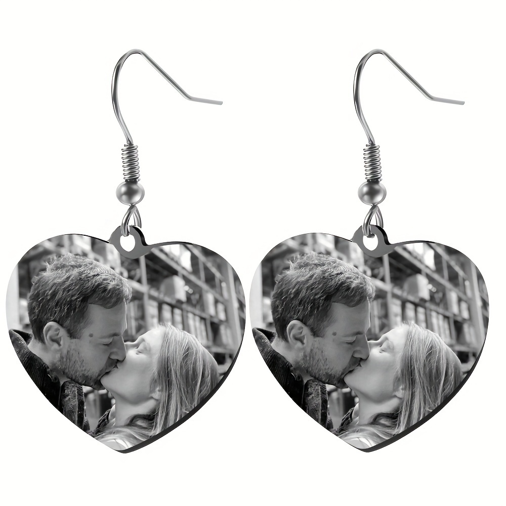 

1 Pair Customized Photo Heart-shaped Earrings, Personalized Family Lover Picture Stainless Steel Earrings, Day Gift Birthday Gift