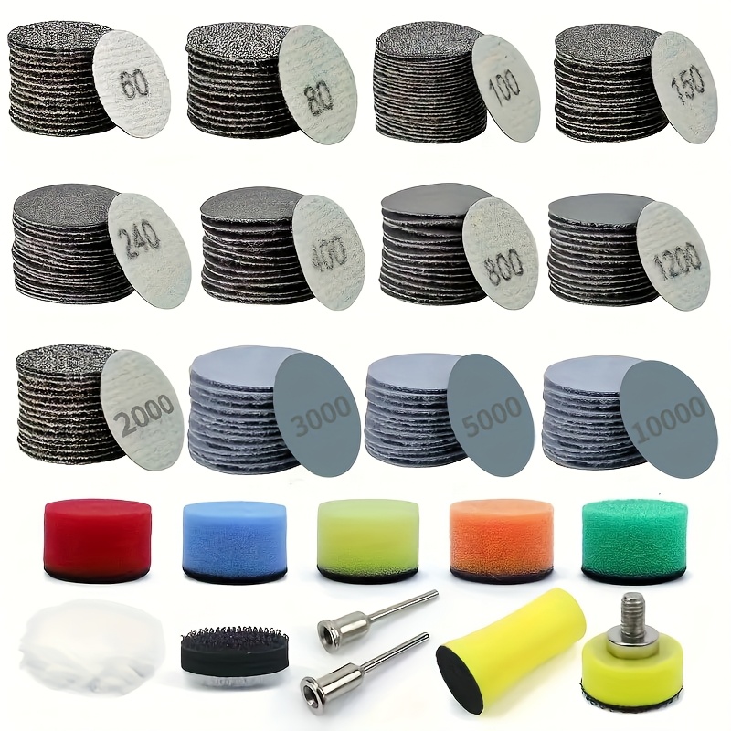 E-shop 131-teiliges 1-Zoll Schleifpapier, 60-10000 Körnung Nass/Trocken, mit 1/8-Zoll- und 1/4-Zoll-Rückscheiben, Polierpads und Schnittstellenpads,
