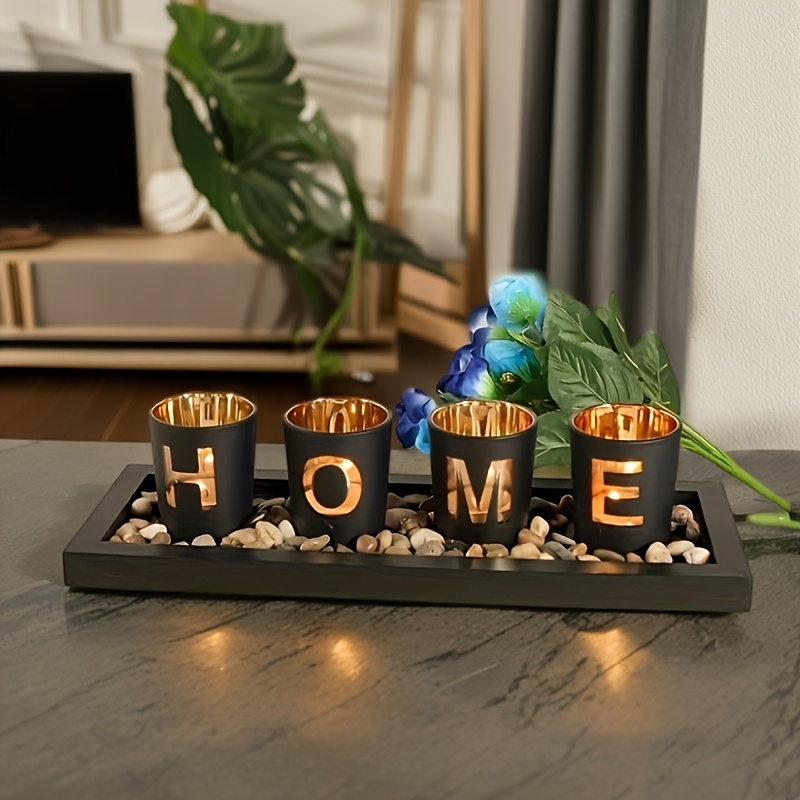 

Home Lettered Wooden Candle Holder Set, Decorative Glass & Wood Tray With 4 Candle Holders, For Rustic And Tabletop Decor