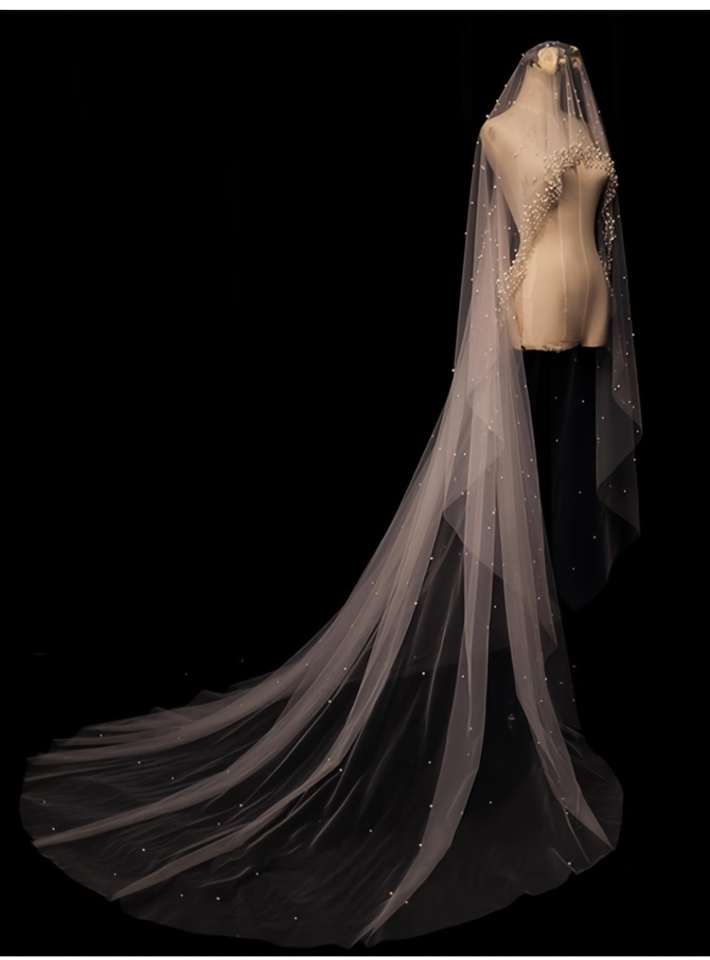 1шт. свадебная вуаль в стиле с бисерной отделкой и длинным шлейфом, аксессуар для свадьбы из полиэстеровой пряжи, ручная стирка, только для свадеб, помолвок и фотосессий, детали 6
