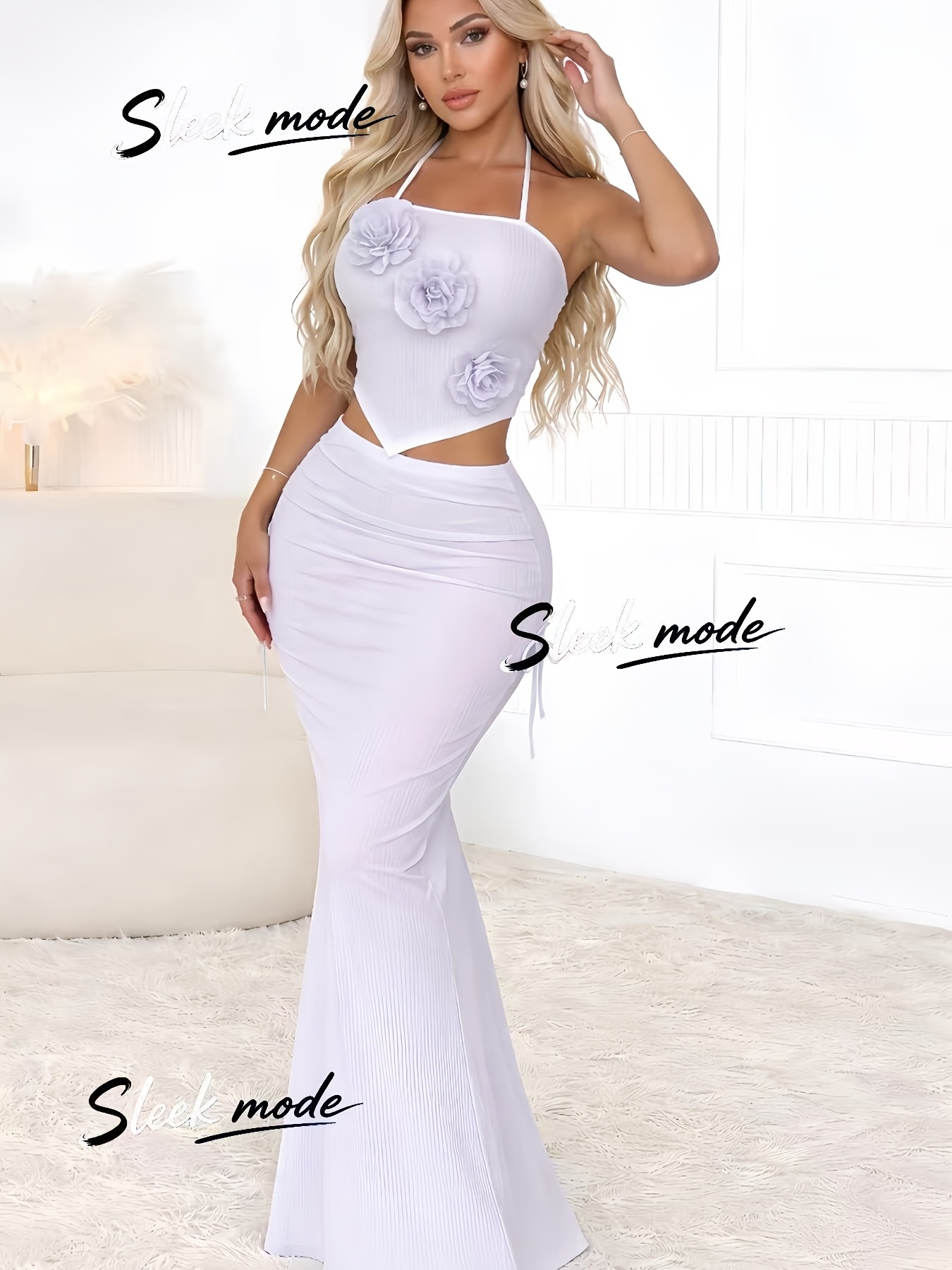 white two piece bodycon dress womens new 3d floral halter set _badge_NEW IN weight woven fabric gives Crop top Davis Direct | Trenton Color:Pink Peony Bengaline