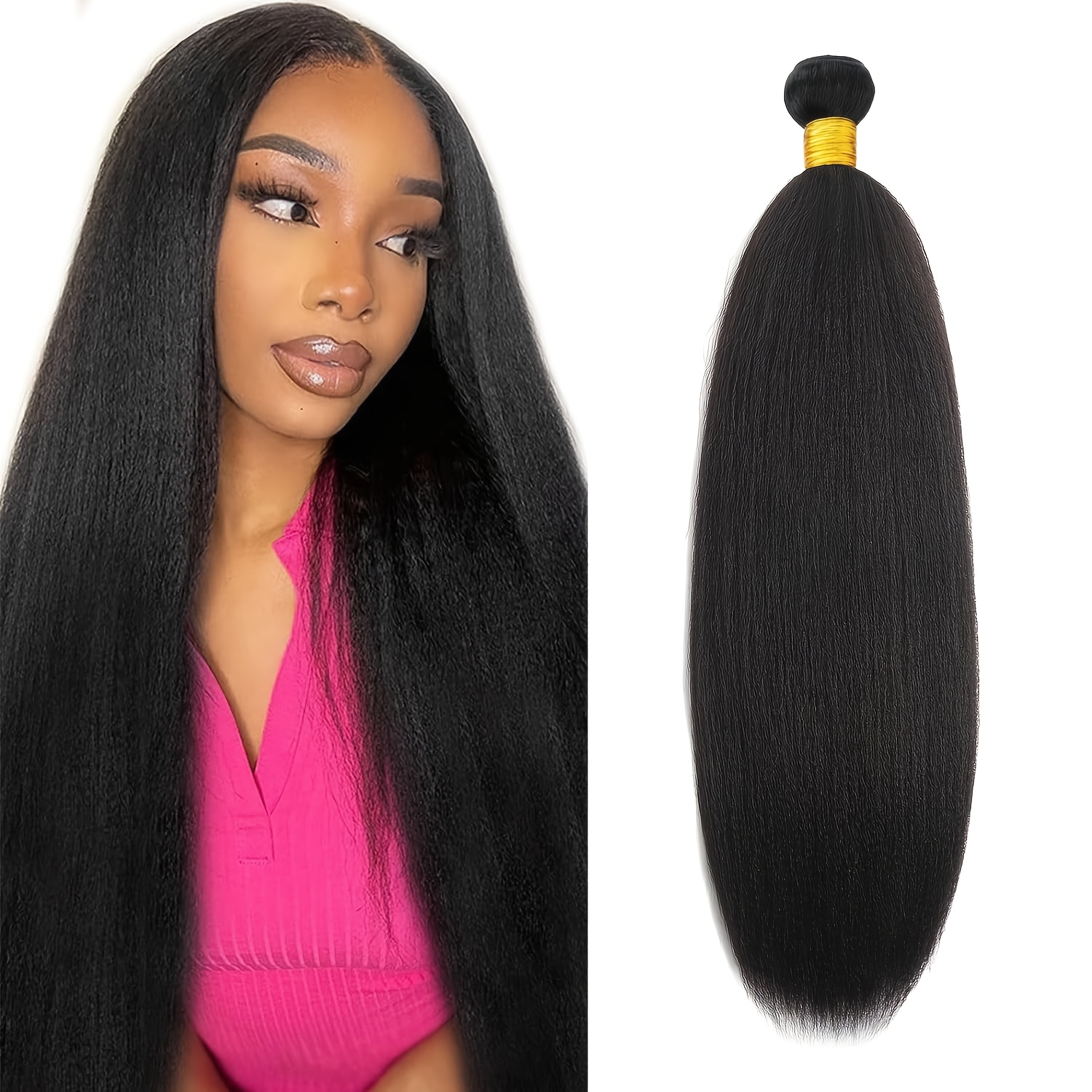 TEMU Mèches Kinky Straight, 1 Lot de 18 Pouces, Extensions de Cheveux Synthétiques Kinky Straight pour Femme, Couleur Noire, Élastiques (1B)