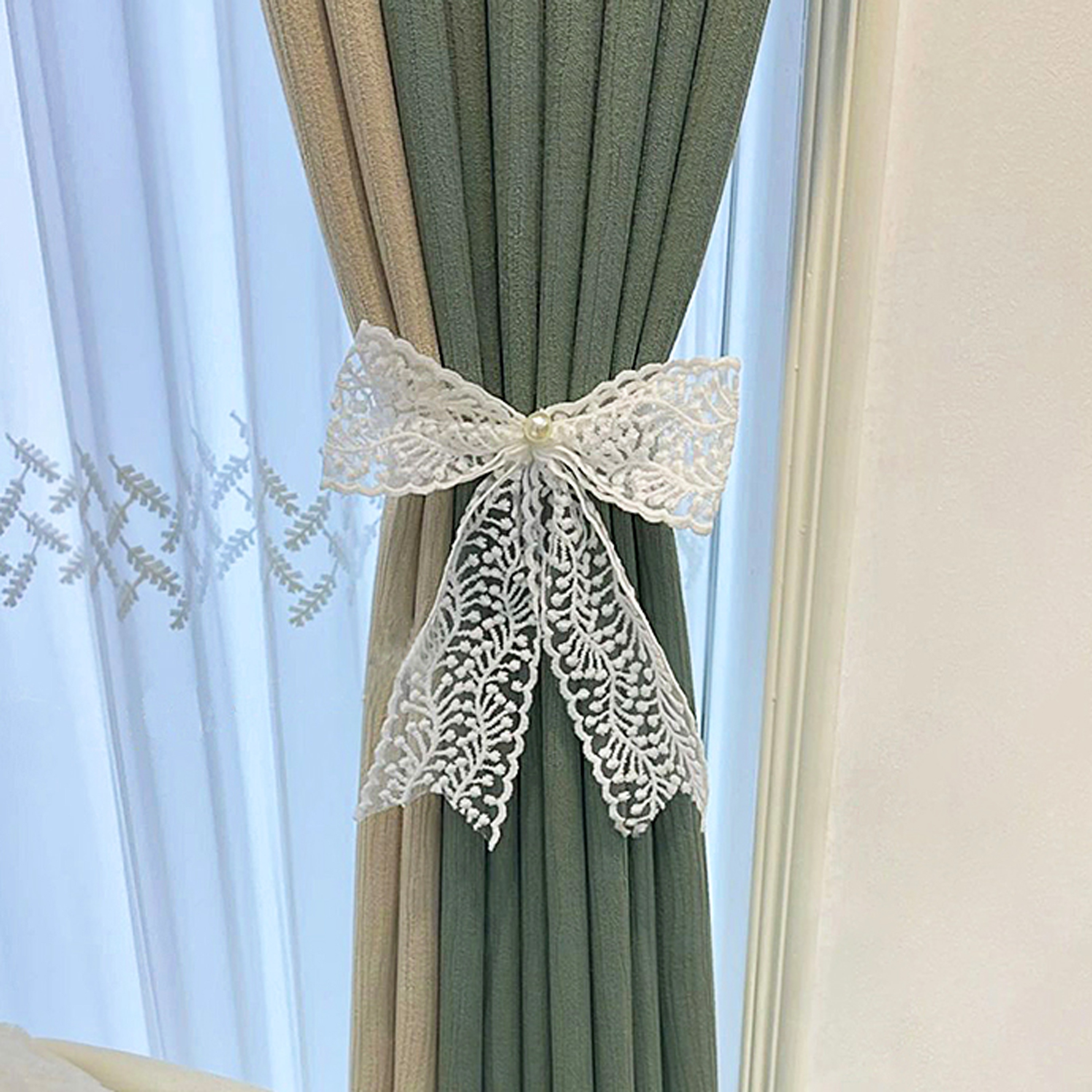 2pcs elegant lace bow curtain tiebacks french style adjustable polyester holders for thick   up drapes   living room bedroom decor details 14