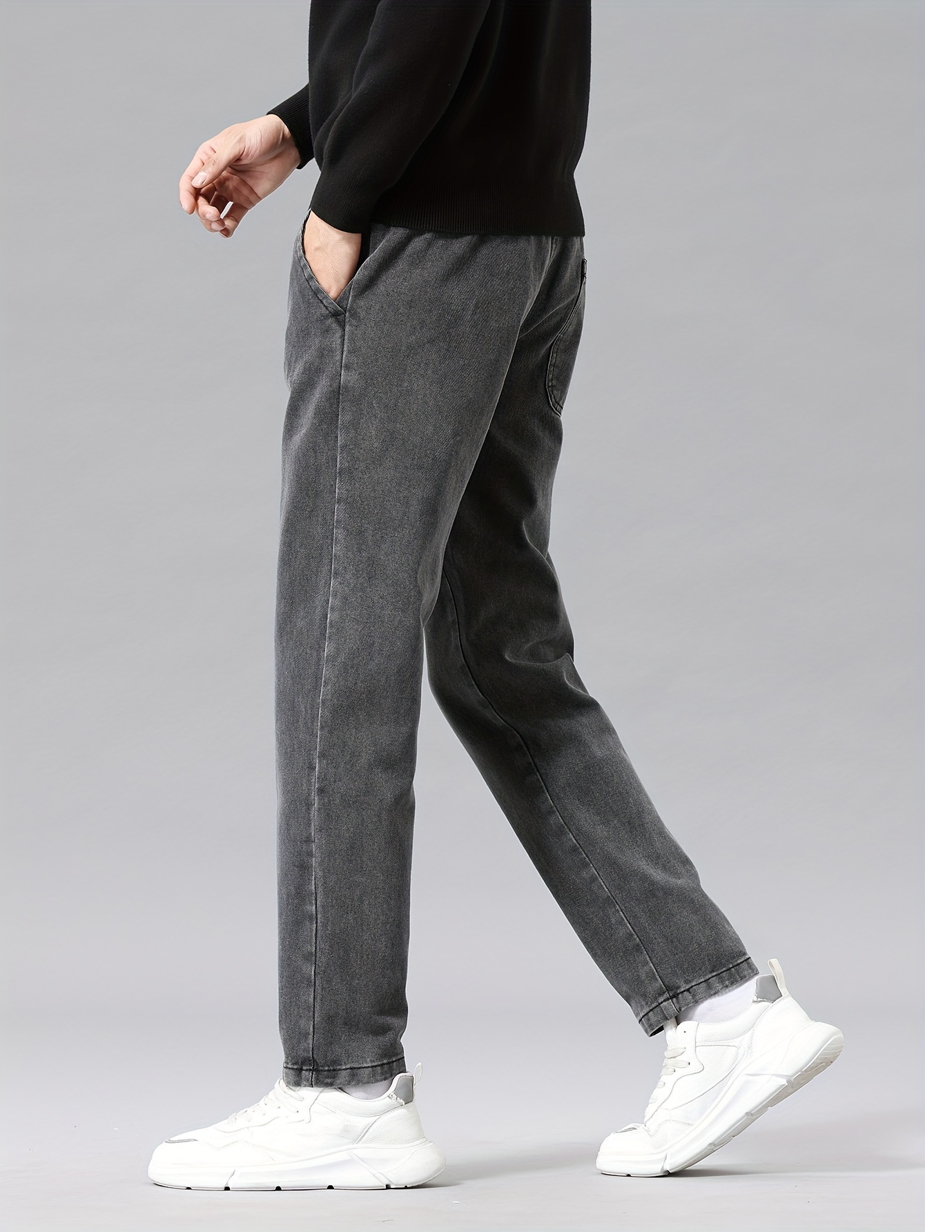 1pc Men'S Casual Washed Denim Jeans, Mid Waist Drawstring Waist, Non-Stretch Solid Color, Straight Leg, Regular Fit, Woven Fabric, Weekend Casual Style, Spring/Fall Season, 9/10 Length Pants