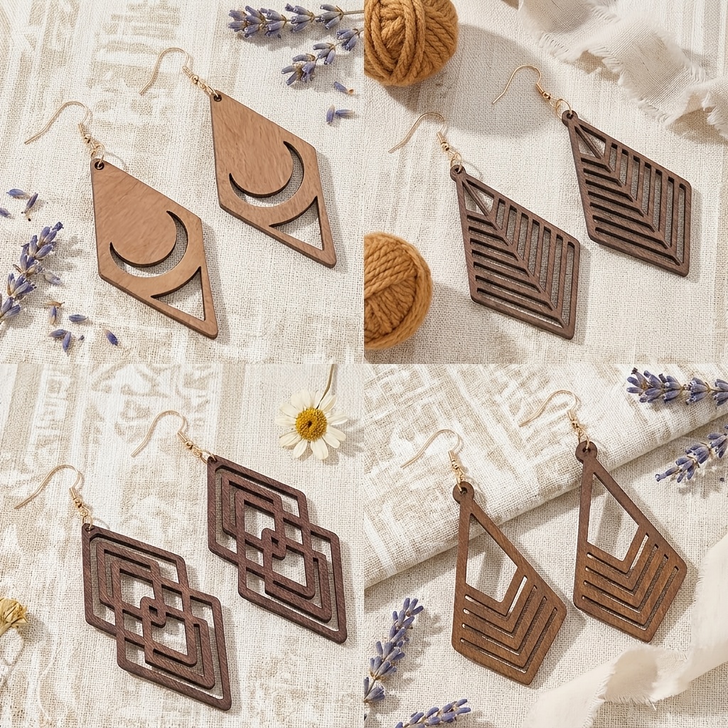 4 Pairs Vintage Brown Wooden Women's Earrings Set