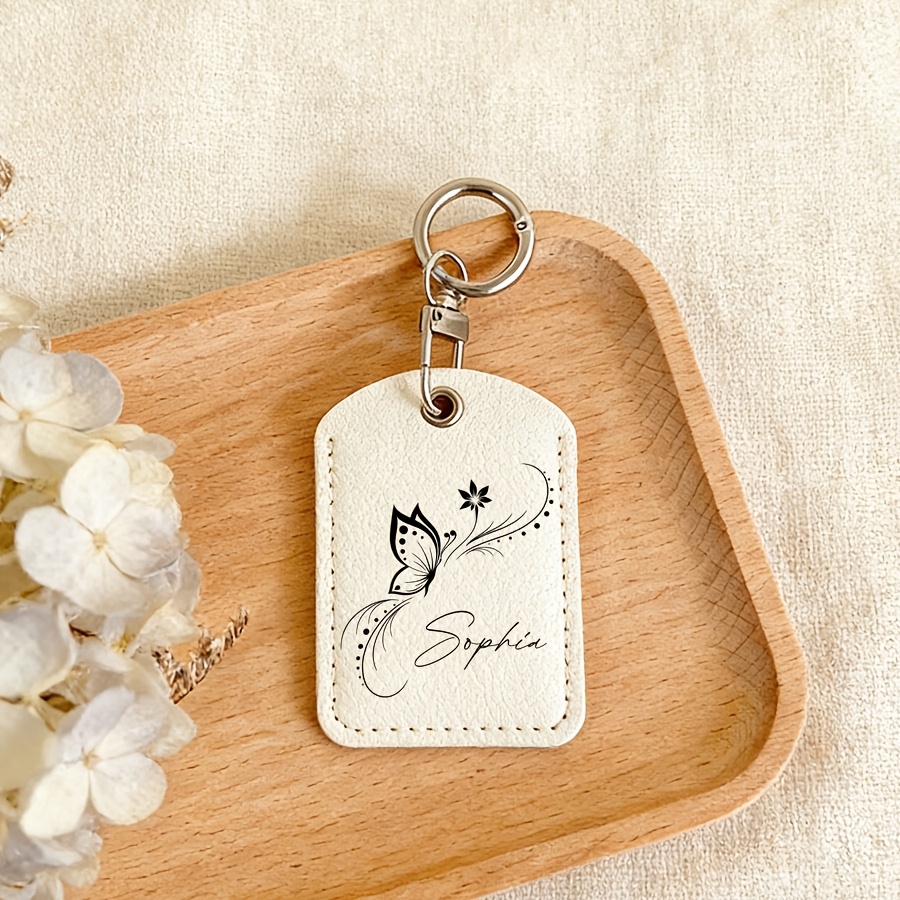 Custom Name Text Butterfly Keychain, Personalized Faux Leather Key Card Holder