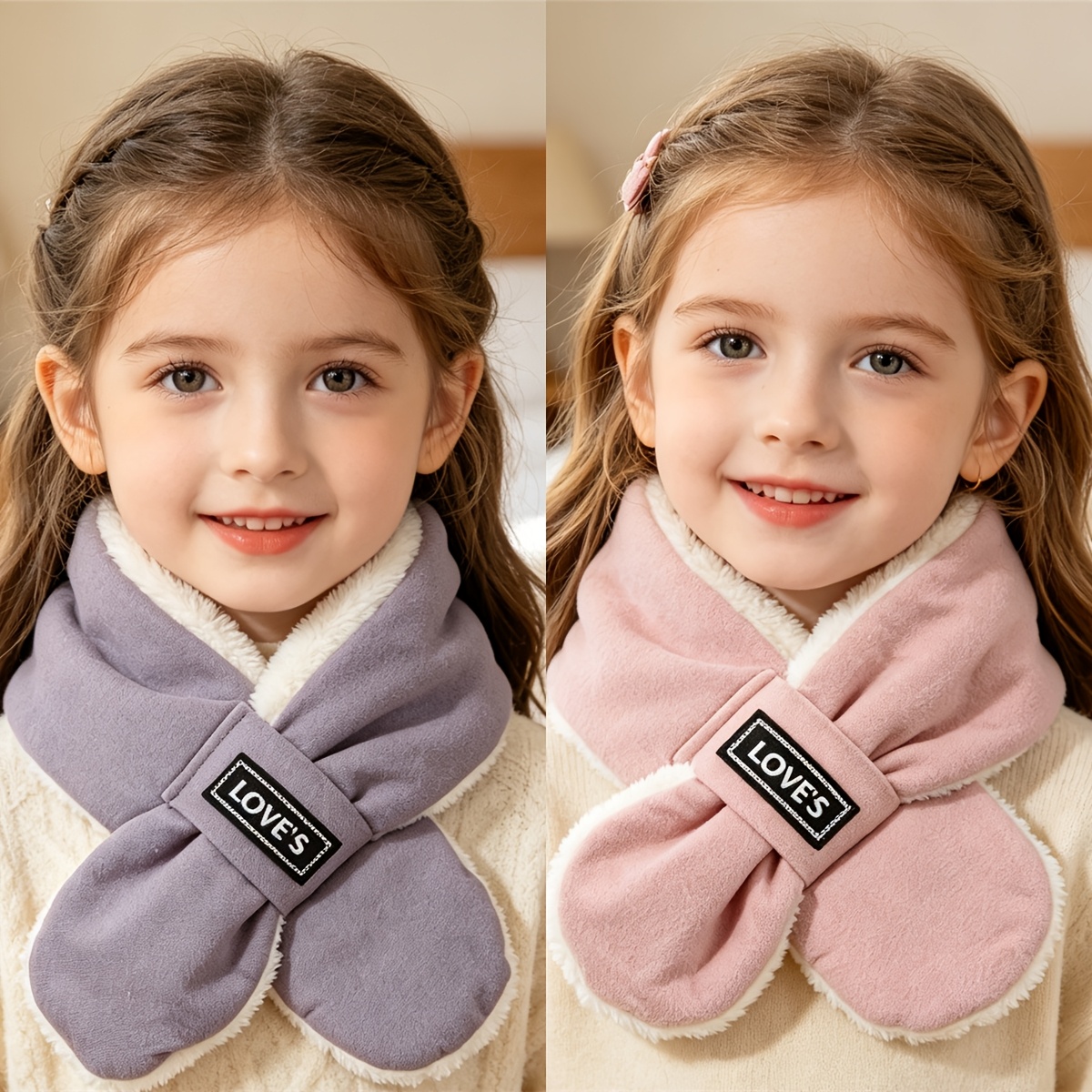 Image of 2pcs Children's Fashion Letter Print Solid Color Scarves, Knitted Scarves For Boys And Girls, Warm Winter Outing Accessories