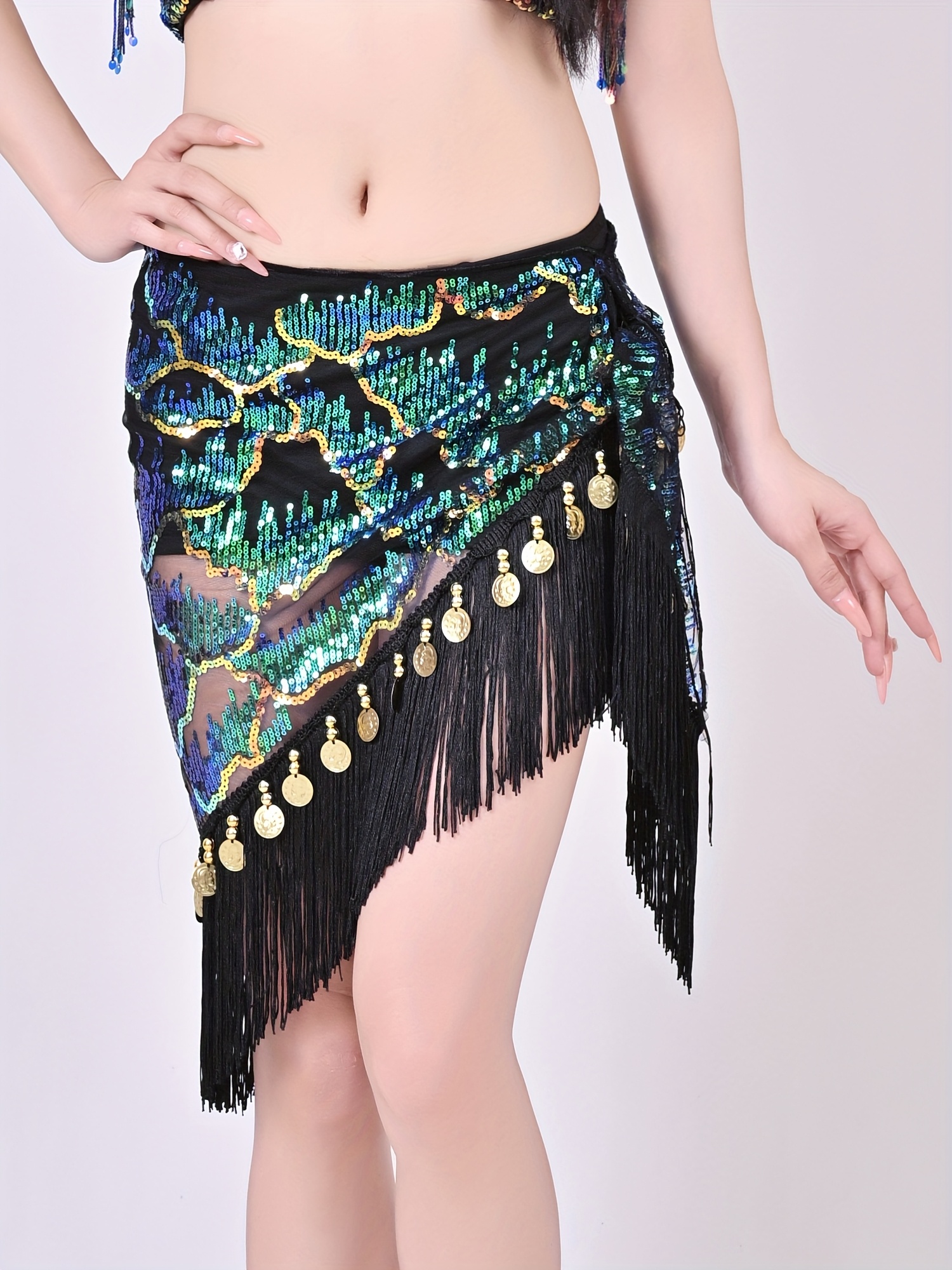 Women's Belly Dance Hip Scarf Sequined Mesh Triangle Wrap Skirt