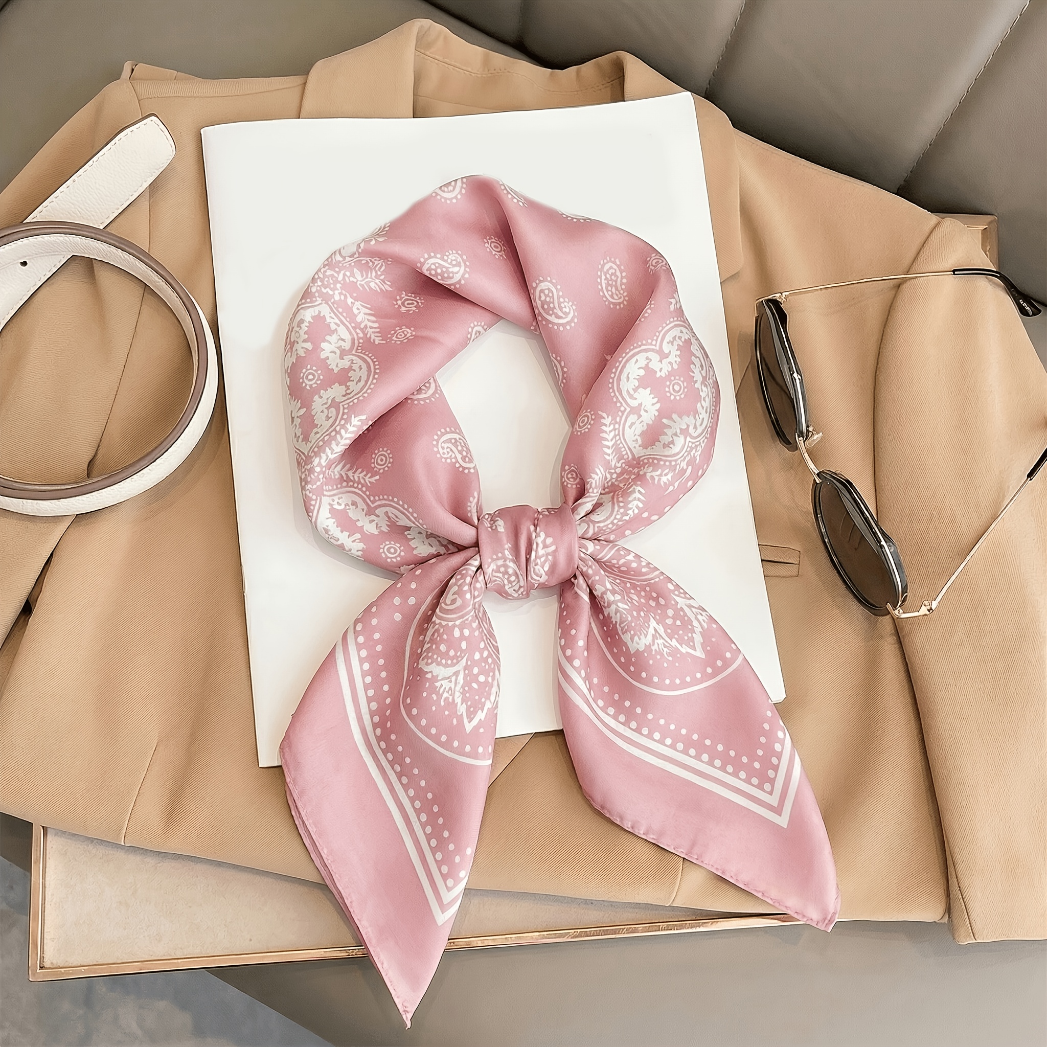 TEMU Elegante bufanda de satén rosa con estampado de cachemira para mujer, banda multifuncional para cuello/cabeza/pelo, bufanda de moda de 27.56