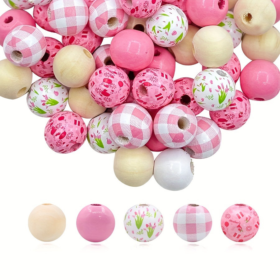 

45pcs Mother's Day Tulip Wooden Bead Set 16mm - Assorted Diy Wooden Beads For Jewelry Making And Crafts - Natural Wood Beads With Floral Patterns For Bracelets And Necklaces