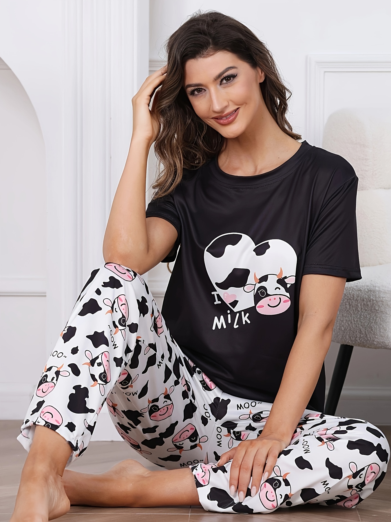 Casual Comfy Loose Pajamas Set Cute Cow Print Short Sleeve - Temu