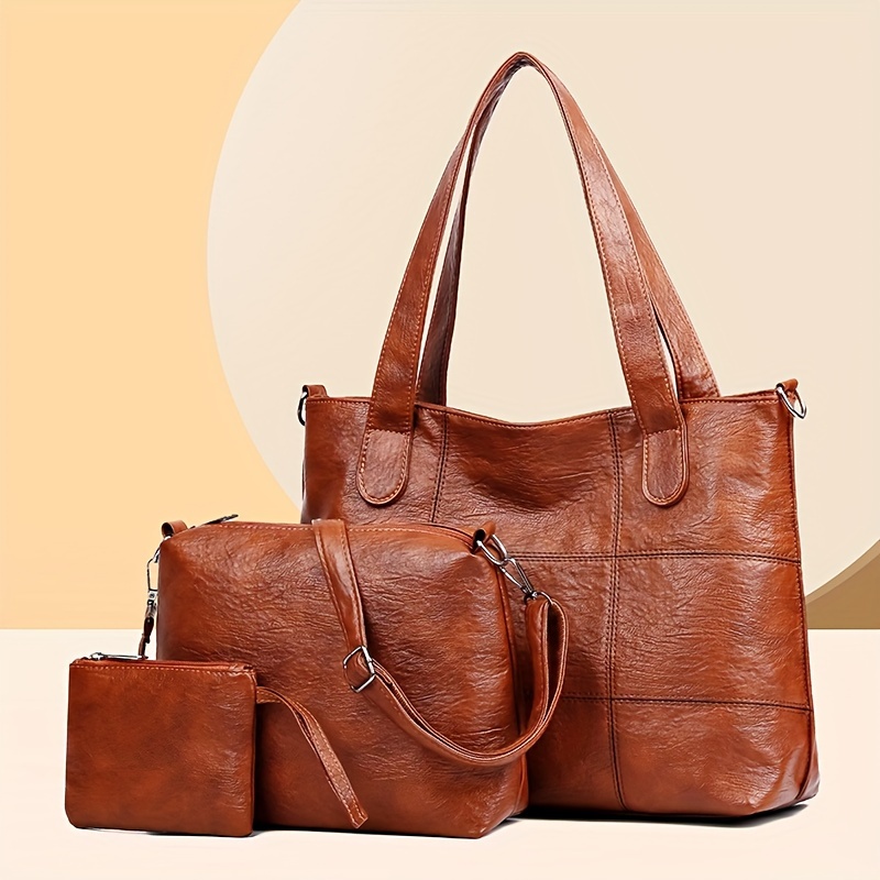 Image of 3 Piece Set Of Large Capacity Women's Shoulder Bag, Pu Crossbody Bag Suitable For Shopping, Traveling, And Work