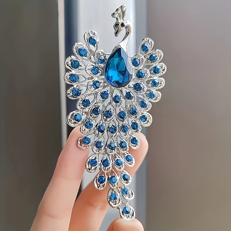 E-shop Hochwertige Luxus-Pfau-Brosche mit blauem Edelstein-Rhinestones und Tränen-Edelstein - Vintage-Stil eleganter Tiermuster-Nadel, geeignet für