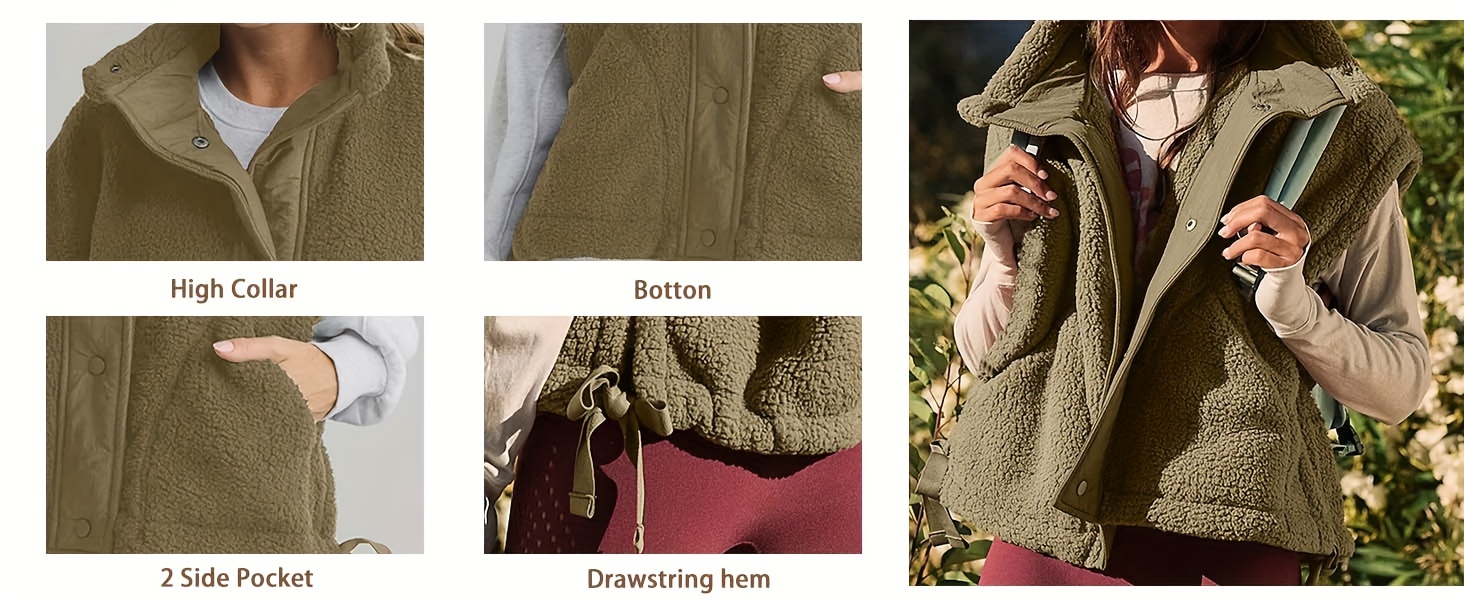 womens cozy fleece vest elegant sleeveless sherpa jacket button warm winter wear with pockets Product details 3