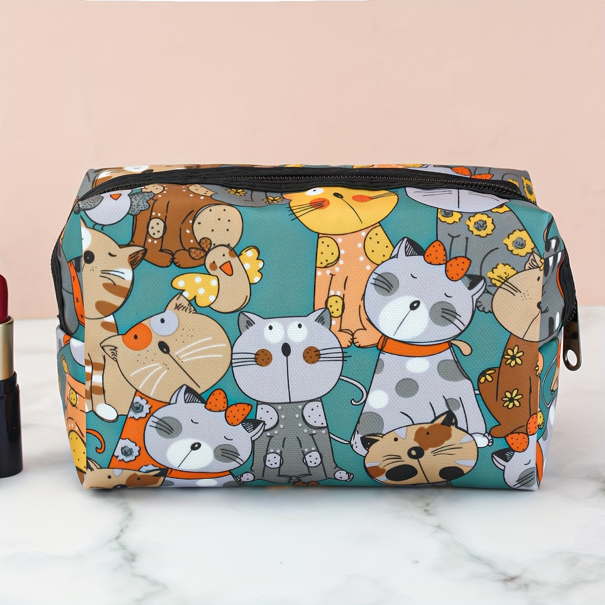 

Octagonal Bag, Cute Cat Print Storage Bag, Cosmetic Purse, Large Capacity Makeup Zipper Bag: Perfect For On-the-go Beauty!