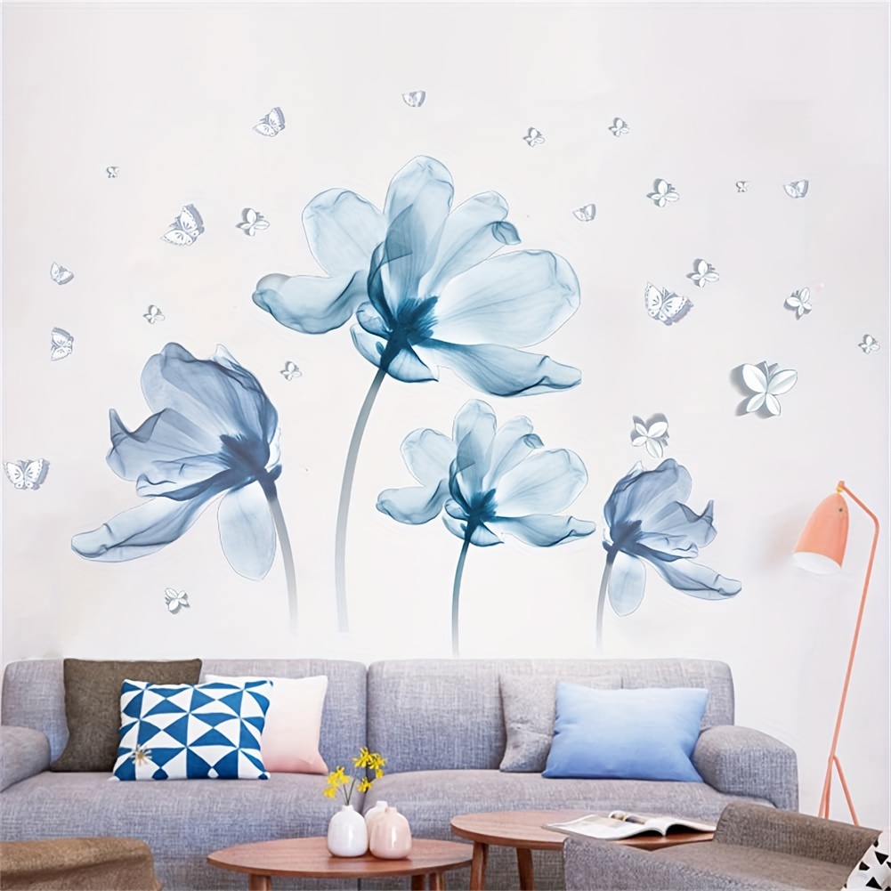 

Elegant Blue Floral Wall Decals - Watercolor Flower Stickers With Accents For Bedroom, Living Room, Office, Or Classroom Decor, Decor