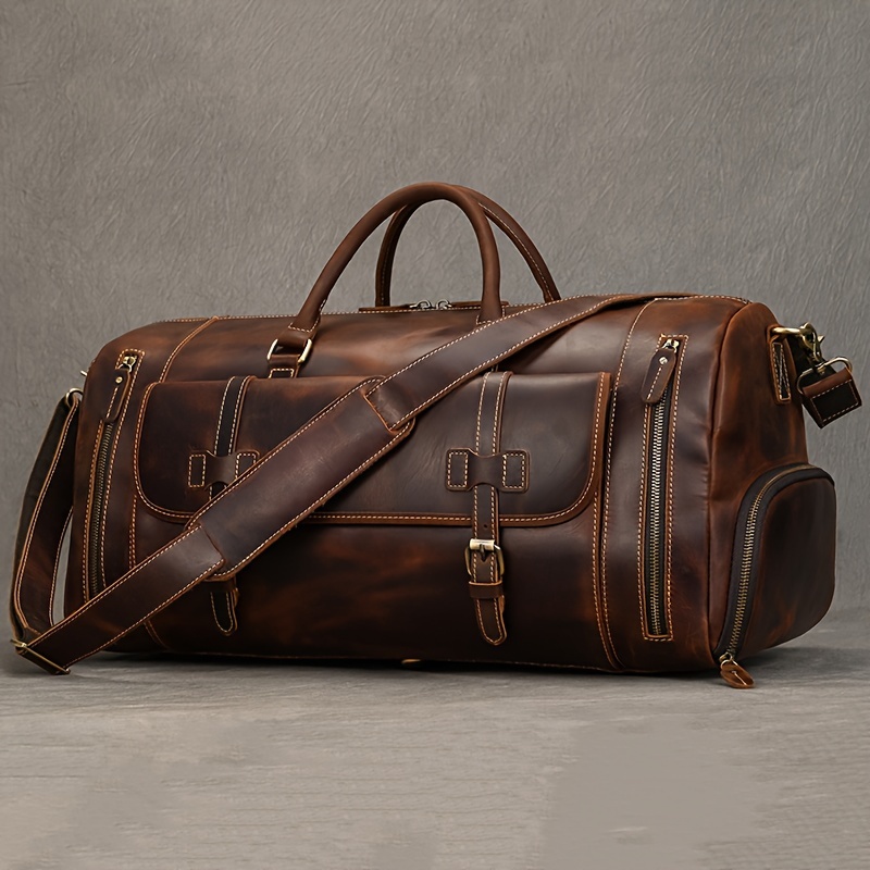Image of 22.8 Inch Genuine Leather Duffel Bags For Men And Women Real Leather Travel Overnight Weekend Leather Bags Sports Gym Duffel For Men