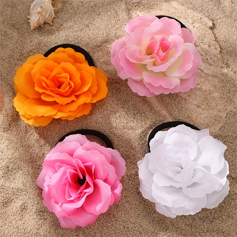E-shop 4er-Set Haargummis im französischen Urlaubsstil mit Rosenblüten, florales Pferdeschwanz-Zubehör für Strand-Fotoshootings