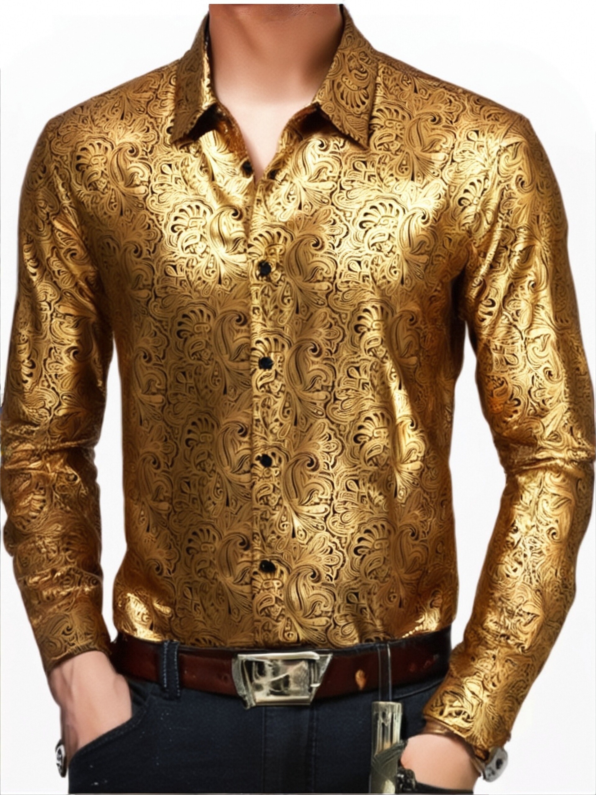 green emerald velvet dress Black & Gold Mens Embroidered Western Dress Shirt main image 1