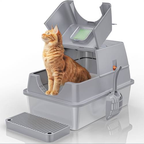 extra large stainless steel cat litter box with lid enclosed removable design carbon filters non stick surface scoop double layer litter mat durable metal litter box for all sizes 24x16x16 inches cat litter box enclosure