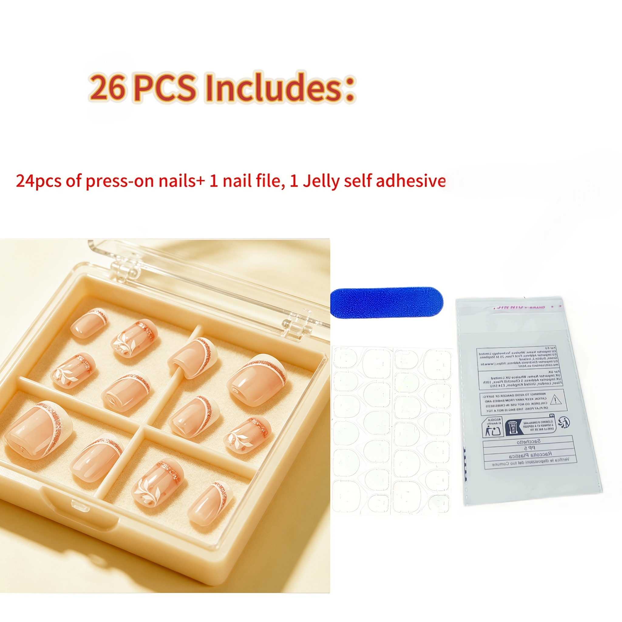 TEMU Lot de 26 pièces contenant 24 faux ongles à presser, 1 lime à ongles, 1 feuille de pastilles auto-adhésives en gelée, autocollants pour ongles