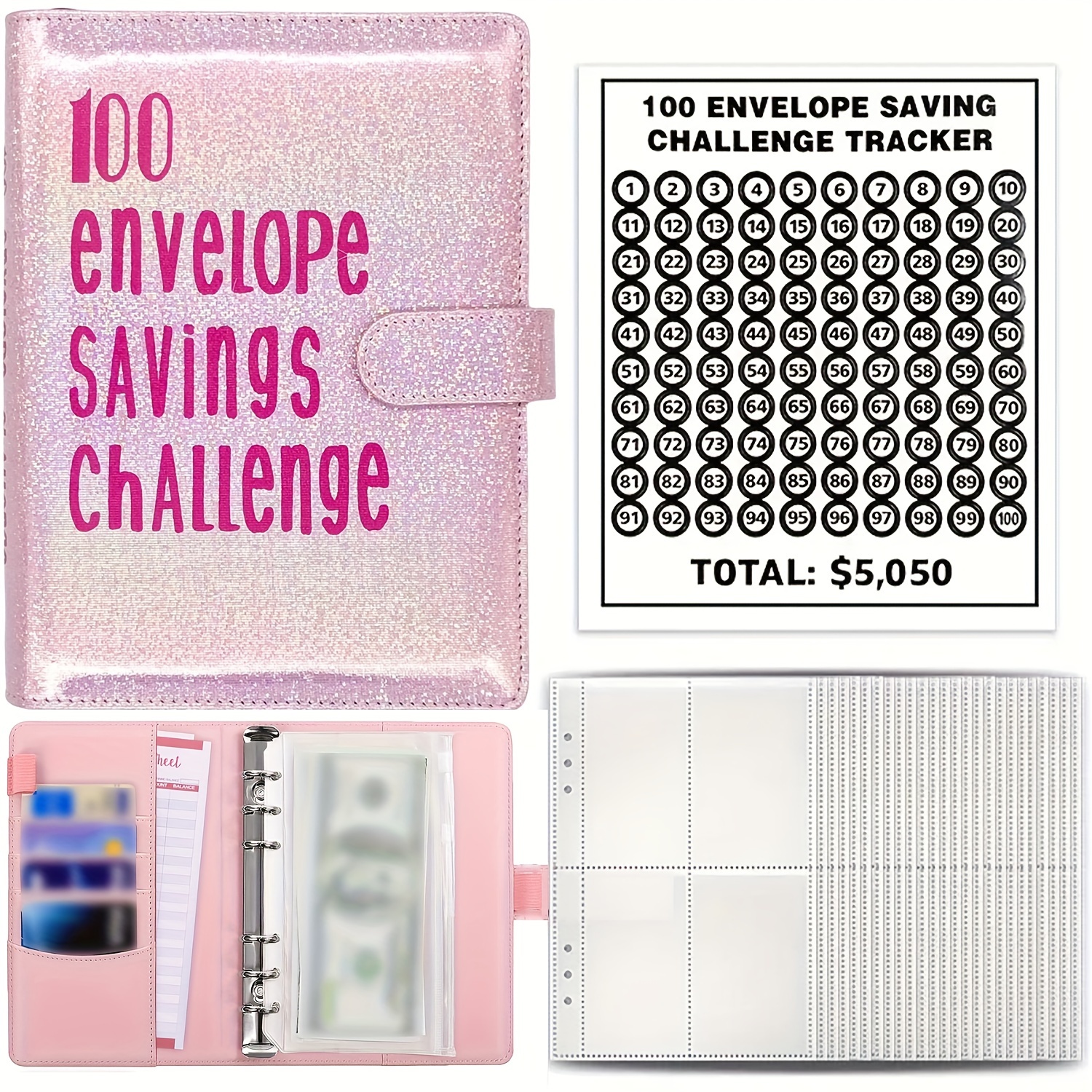 Carpeta de desafíos para ahorrar dinero con sobres de efectivo, bolsas y  calcomanías de cantidad, tamaño A5, organizador de presupuesto, libro