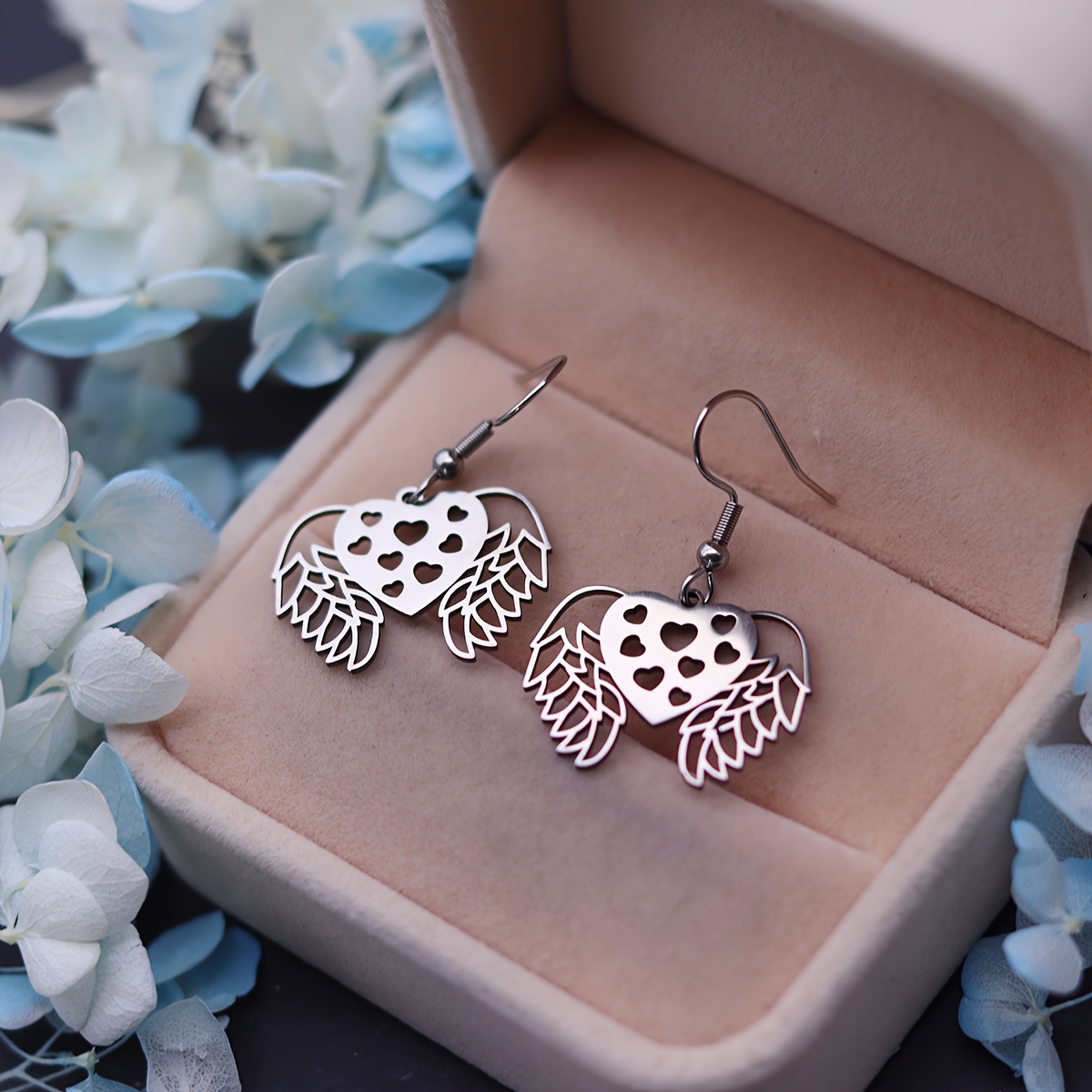 304 Stainless Steel Hollow Heart-Shaped Wing Earrings, Punk Style