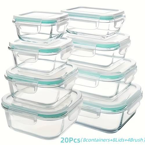 20pcs sealed glass food storage containers lunch boxes microwave ovens ovens salads fruits vegetables and sandwiches lunch boxes sealed storage durable glass food storage containers 8 lids 8 containers 4 brush