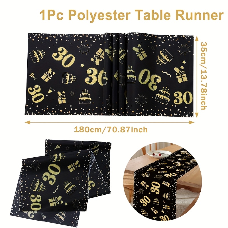 Image of 1pc 30th Birthday Table Runner 35x180cm - Black & Golden Glitter Polyester Table Decor With Fireworks, Gifts, Balloons & Cake Design For Adult Birthday Party Decoration