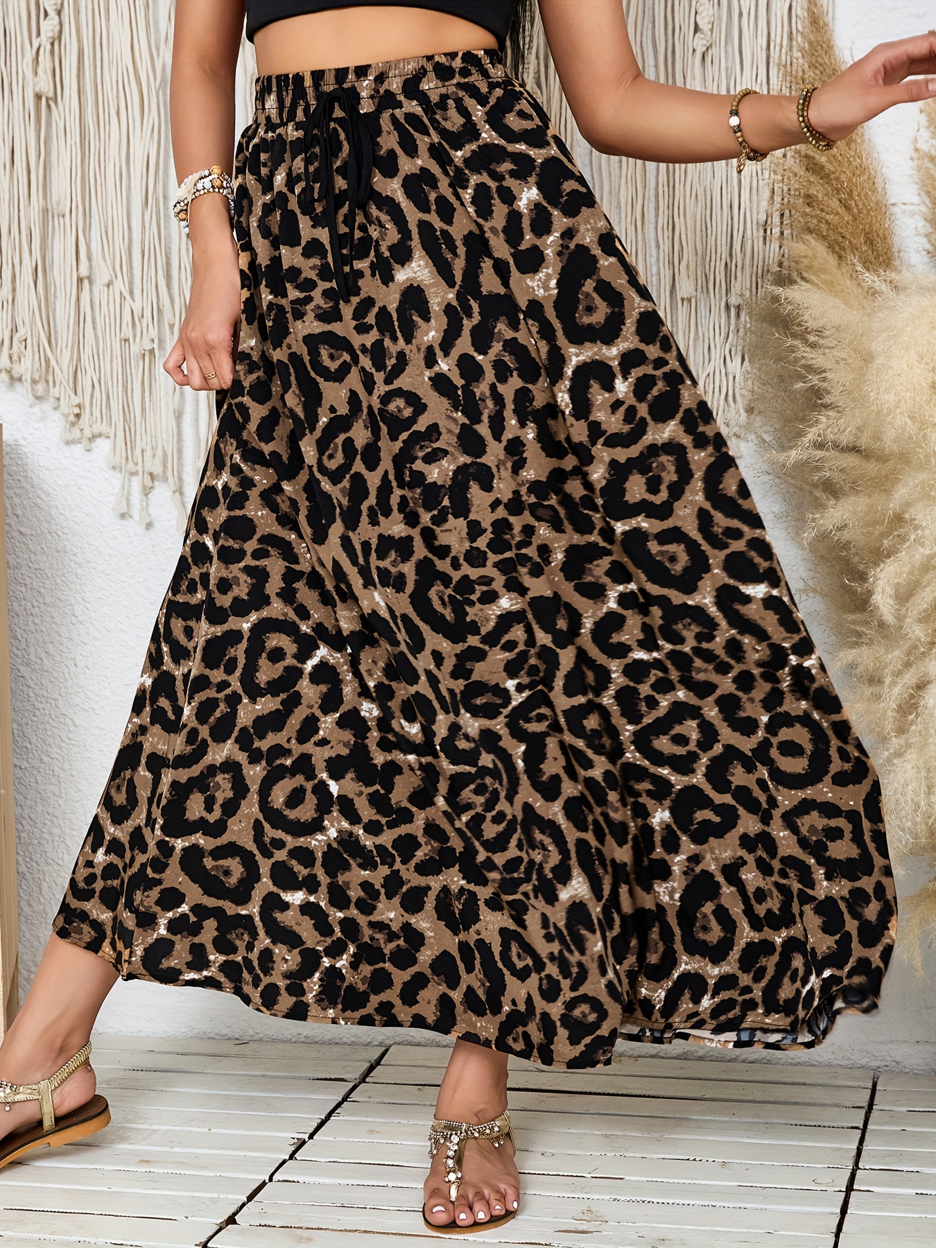 leopard print elastic waist midi skirt elegant special Temu