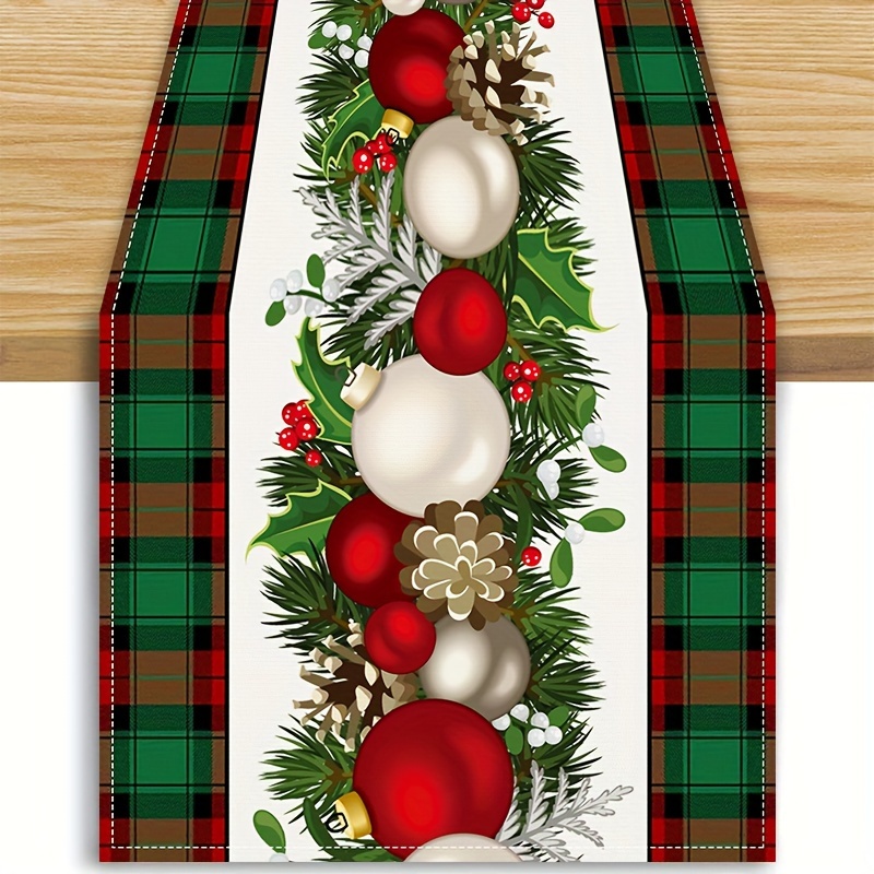 

Christmas Table Runner - Festive Plaid Polyester Table Decor With Pine Cones And Ornaments Design, Woven Rectangular Holiday Tablecloth For Dining & Party Decoration, 13" X 72