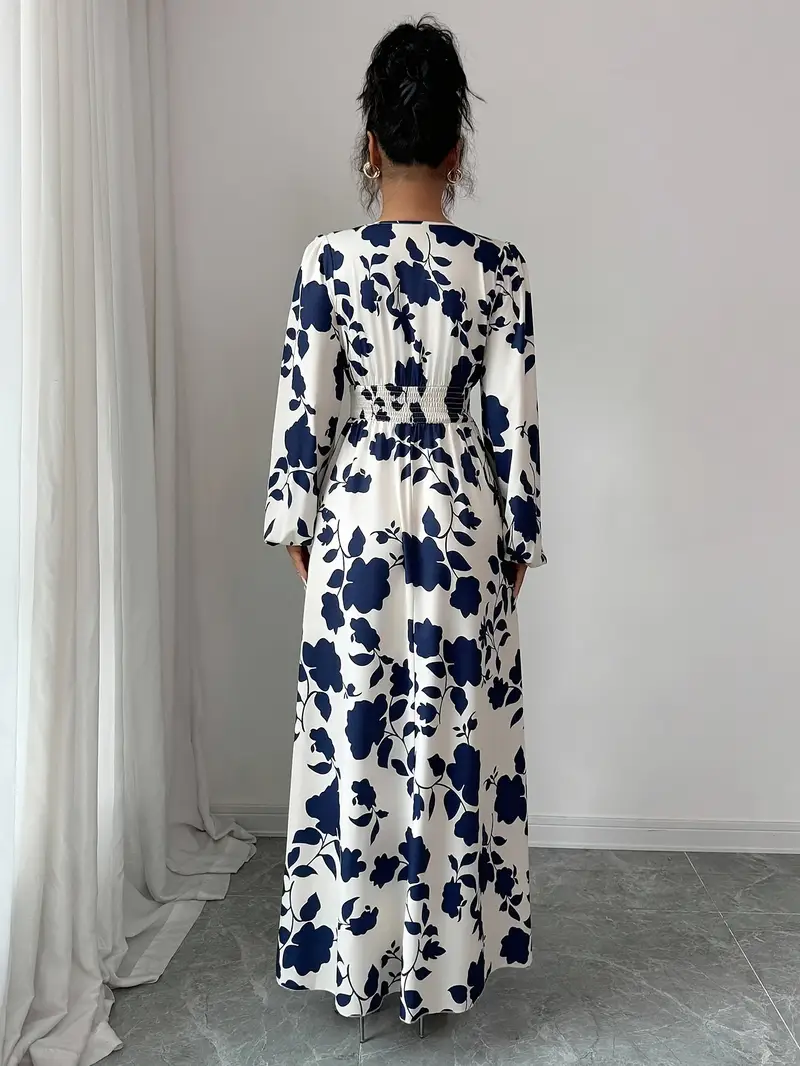 tealan floral print long sleeve linen dress Azure Floral Maxi Dress