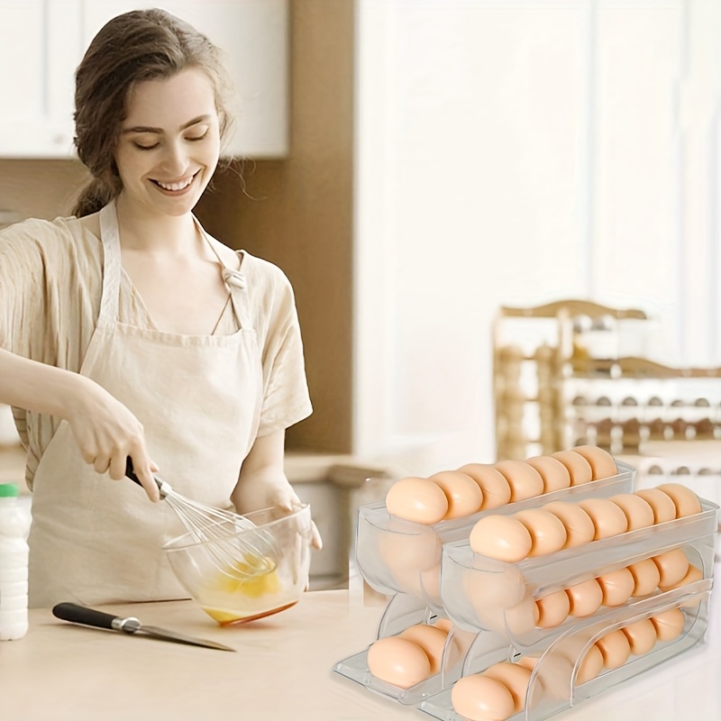 Space-Saving Automatic Egg Dispenser - Large Capacity, Transparent Rolling Egg Holder for Fridge & Kitchen Storage, Container Tray, Cabinet, On The Table