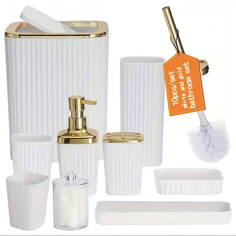 Image of Bathroom Accessories Set, 10pcs White Bathroom Set, Equipped With Toothbrush Holder, Trash Can, Lotion Soap Dispenser, Toothbrush Cup, Dressing Table, Soap Plate, Toilet Brush, Qtip Bracket