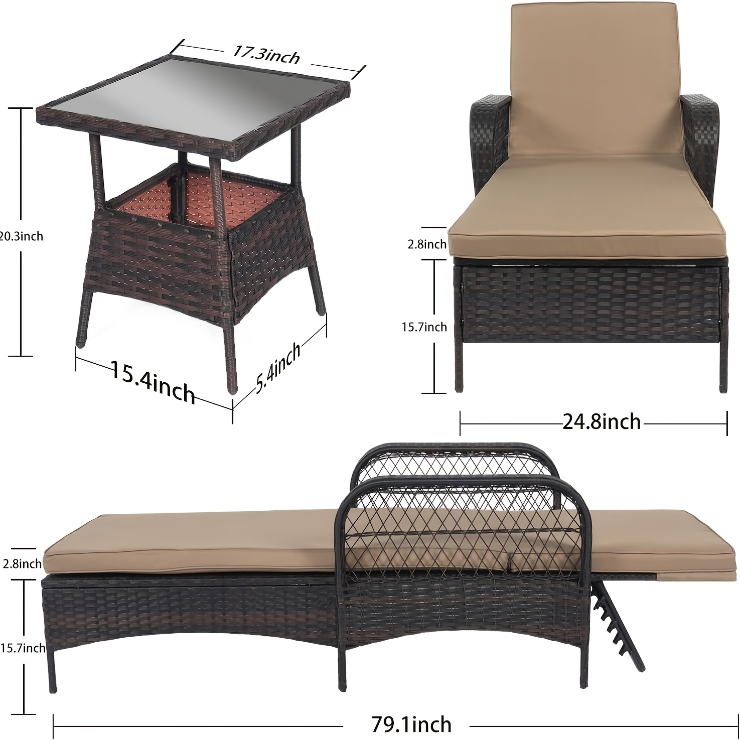 [3pcs Wicker Chaise Set] LEVELEVE 3pcs Outdoor Wicker Chaise Lounge Set with Foam Cushions & Tea Table - All-Weather PE Rattan Recliner Chairs Suitable for Backyard, Poolside, Patio Furniture, Adjustable Chaise Loungers for Deck, Porch, Garden
