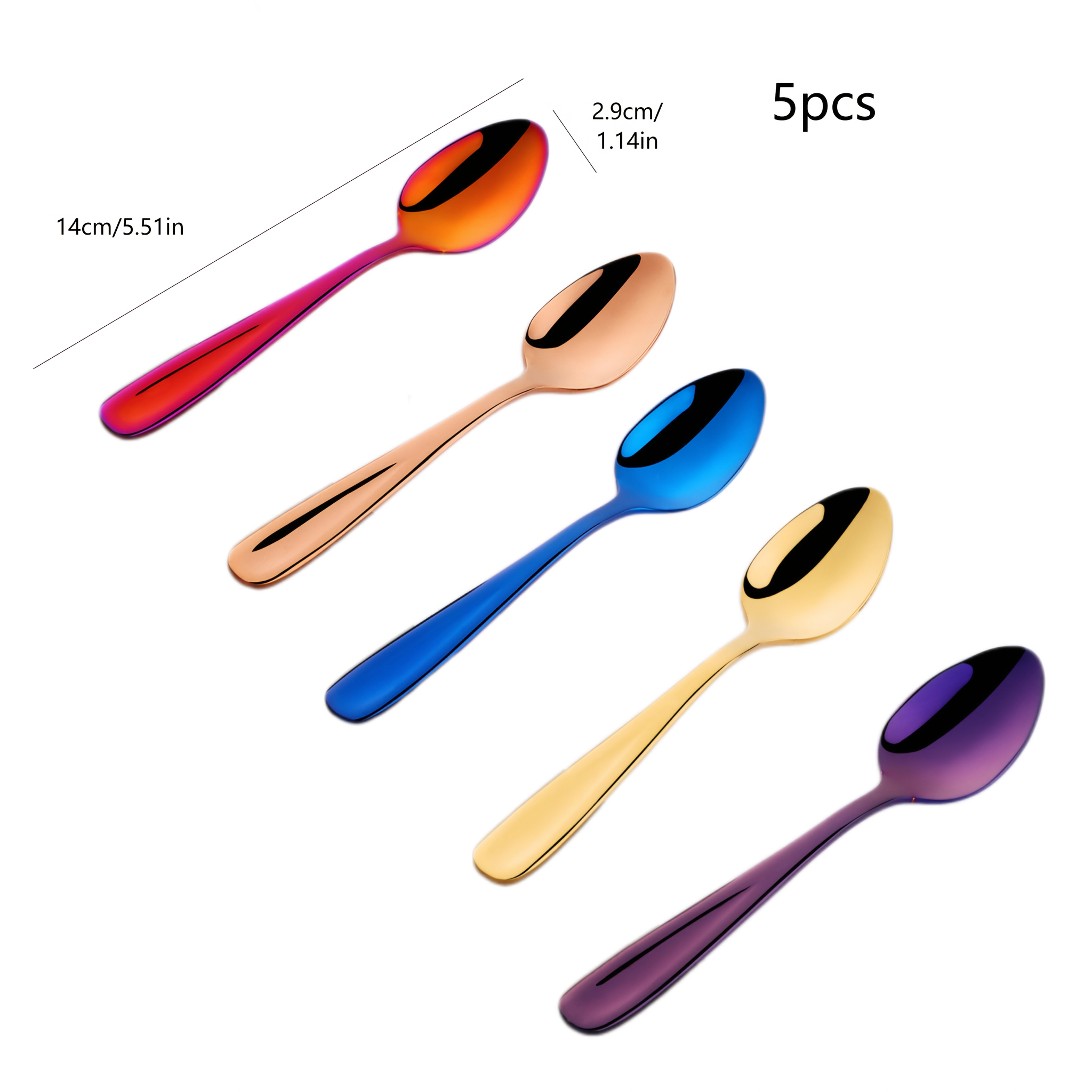 Image of 5pcs Colored Stainless Steel Coffee Spoons, 14cm/5.51in Colored Tea Spoons, Mixing Spoons, Rice Spoons, Dessert Spoons, Spoons For Party Dinners, Creative Gifts