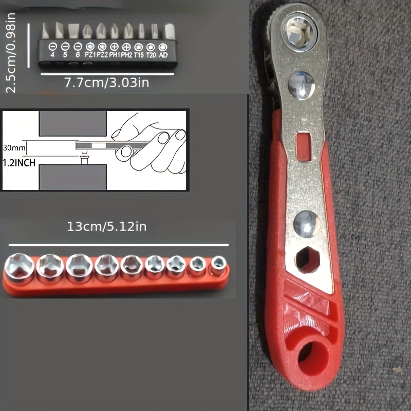 1pc Red Steel Multi-Function Screwdriver with Ratchet, Elbow Wrench, Right Angle Bender, Cross Head Set - Narrow Space Compatible, Manual Uncharged Tool, No Battery Required