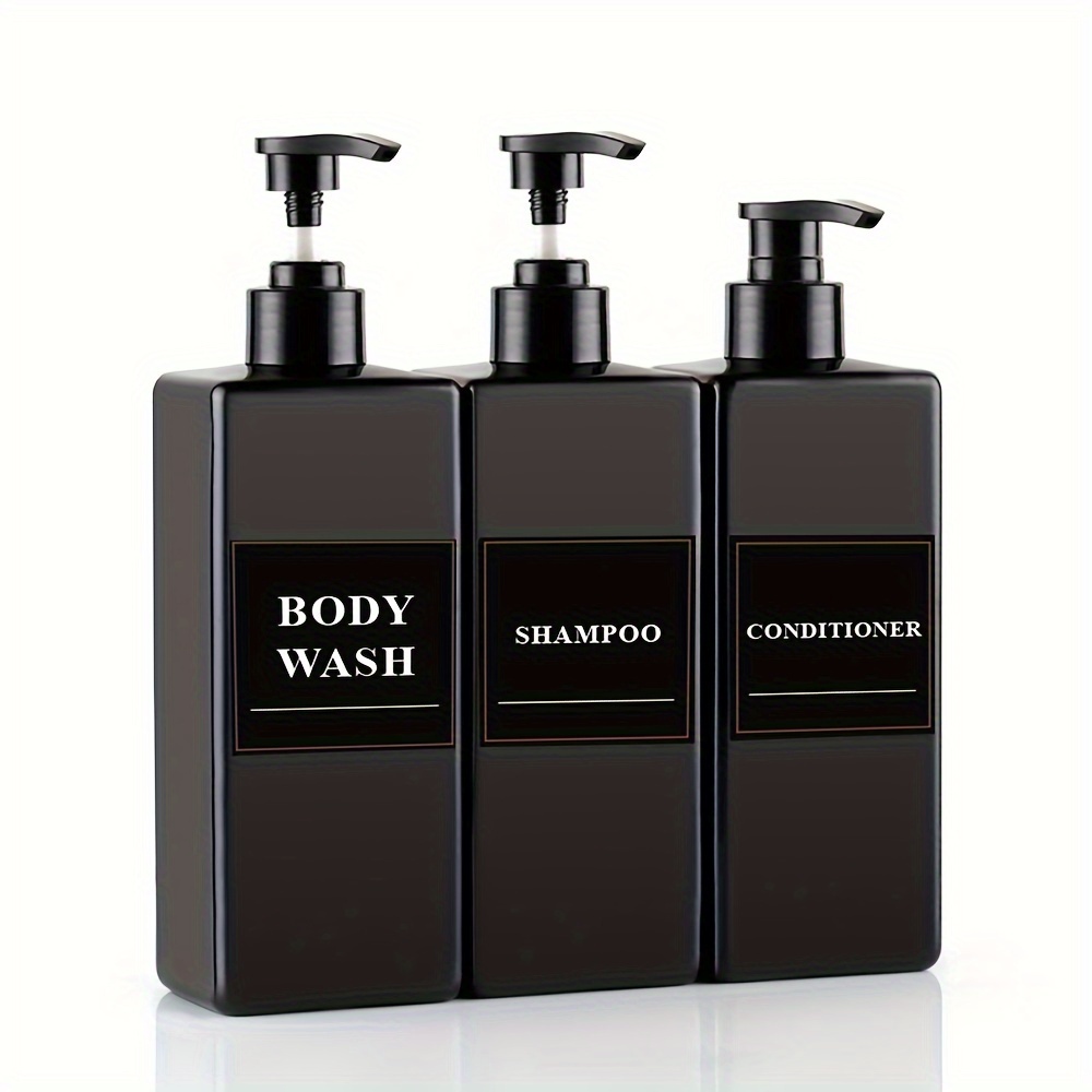 

3pcs/set Black Soap Dispensers 17.6 Uk Fl Oz, Refillable Shampoo, Conditioner, And Body Lotion Pump Bottles With Waterproof Labels, Bathroom And Kitchen Decor Travel Accessories