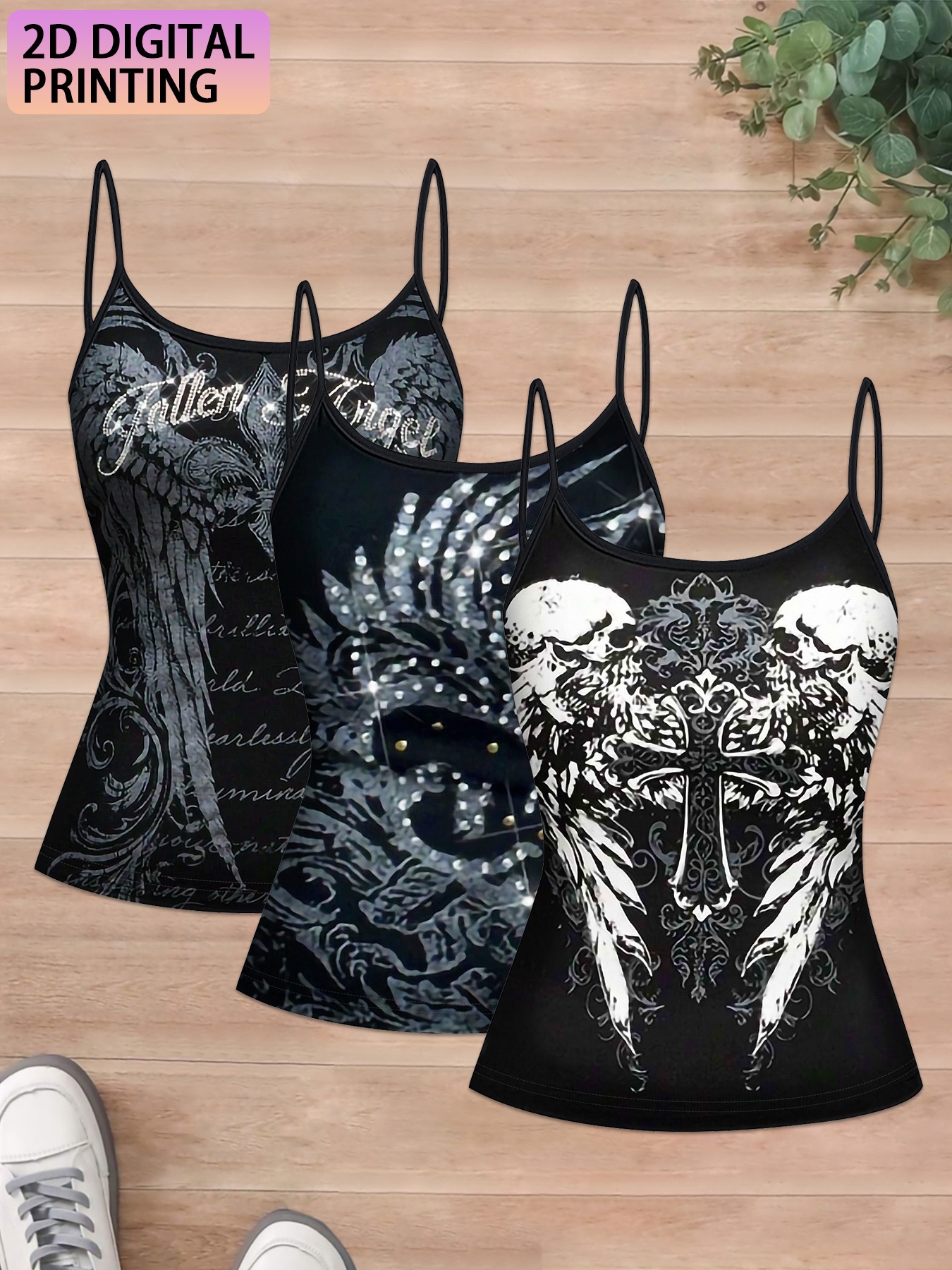 [Gothic Tank Tops] 3pcs Edgy Gothic Women's Sleeveless Tank Tops | Black & White Contrast Summer Tops, Machine Washable Thin Strap Tops for Casual Streetwear, Winged Cross Skull & Fallen Angel Graphic Prints