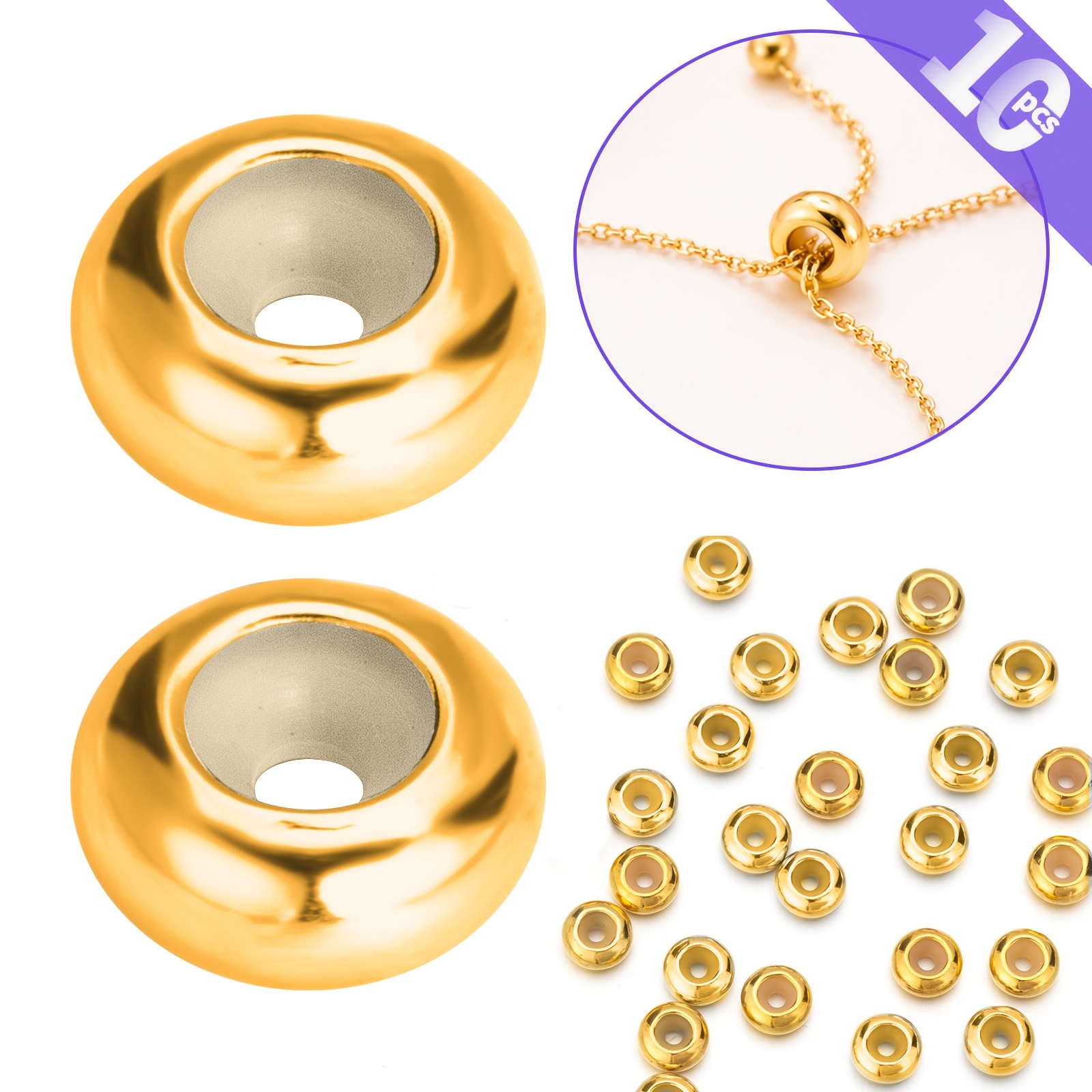 TEMU 10pcs 8MM Perles de butée en acier inoxydable pour bracelets de breloques, perles de glissière réglables, perles d'espacement, perles en métal,