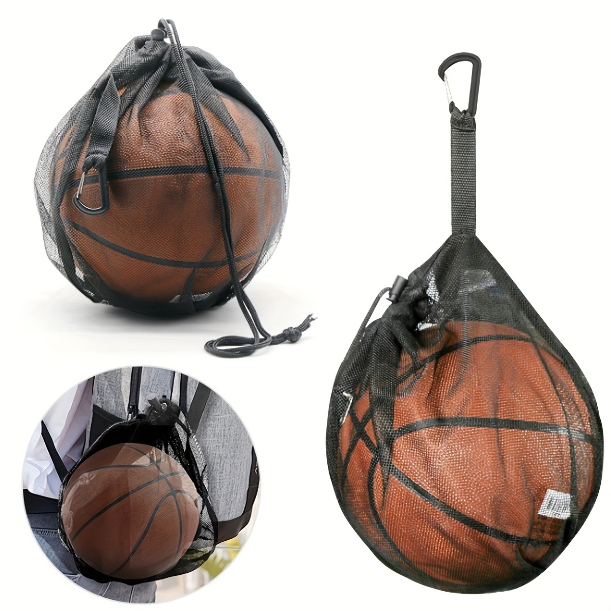 Black Portable Basketball Net Bag, Volleyball Bag, Soccer Bag, Drawstring Mesh Bag For Travel And Training, Can Hold Shoes, Bag Included