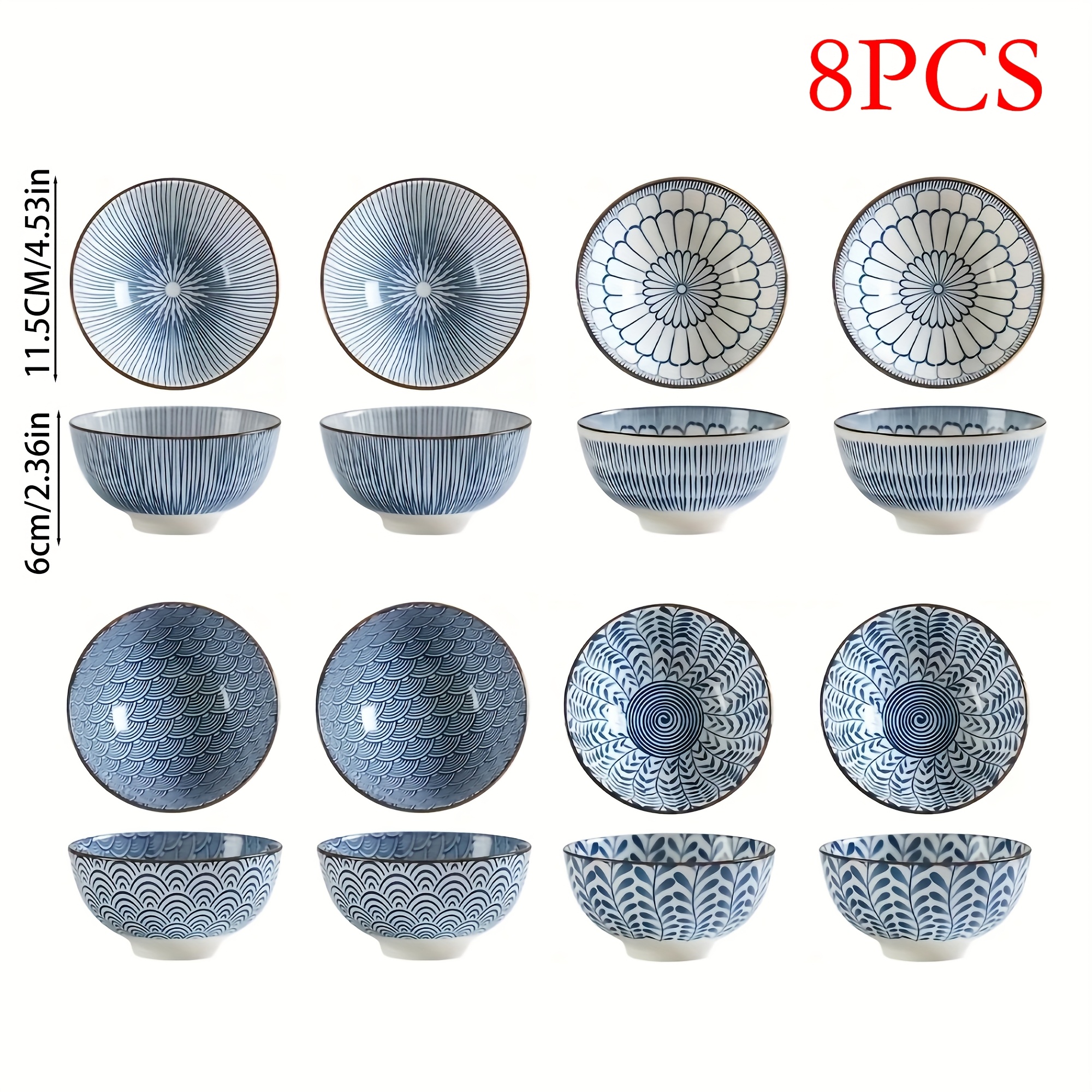 8pcs Set, Japanese Painted Ceramic Small Bowls With High-rim , Blue And Salad Bowls, Premium Kitchenware, Traditional Tableware | Authentic Pottery Craft
